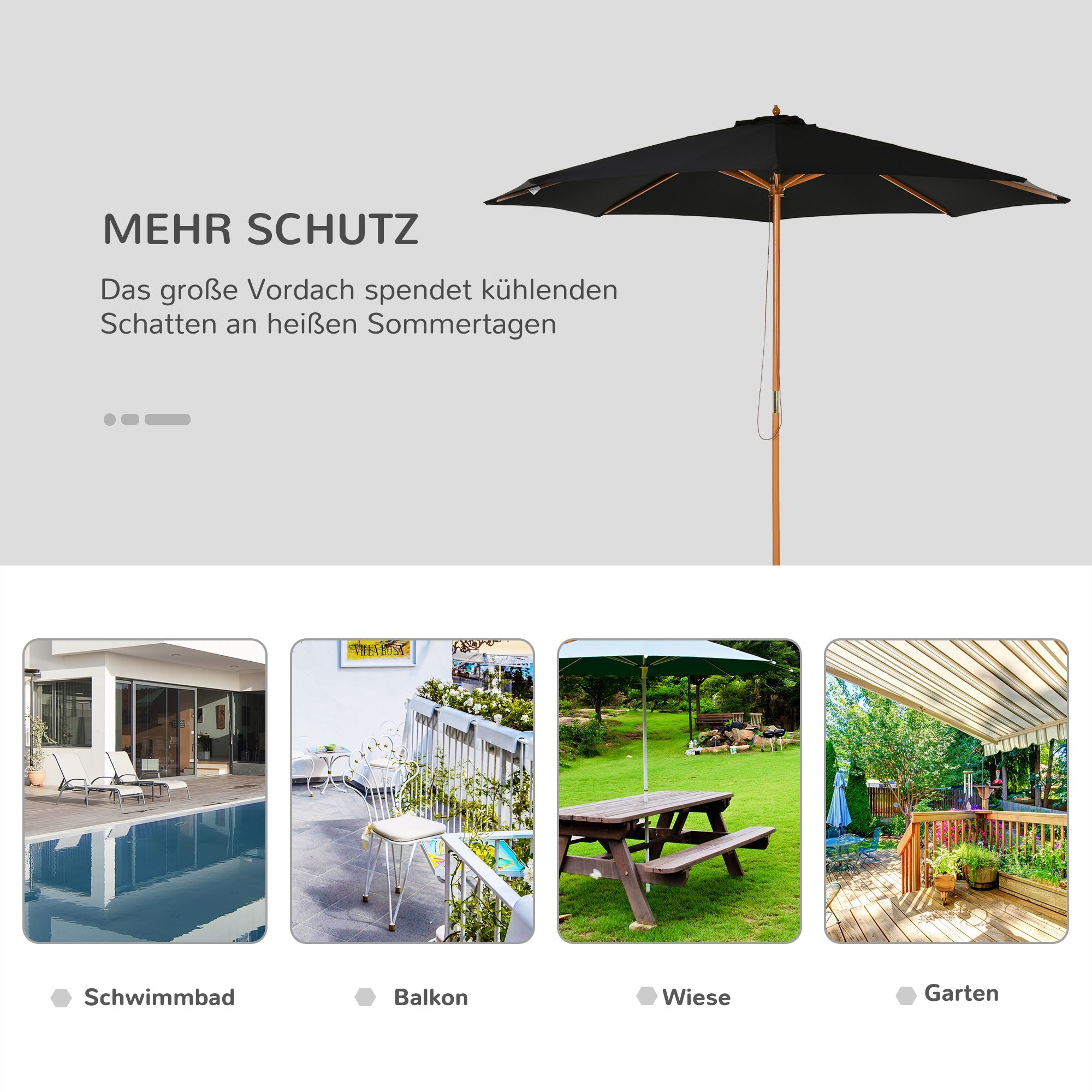Wooden Parasol 300 cm Garden Balcony Bamboo Black