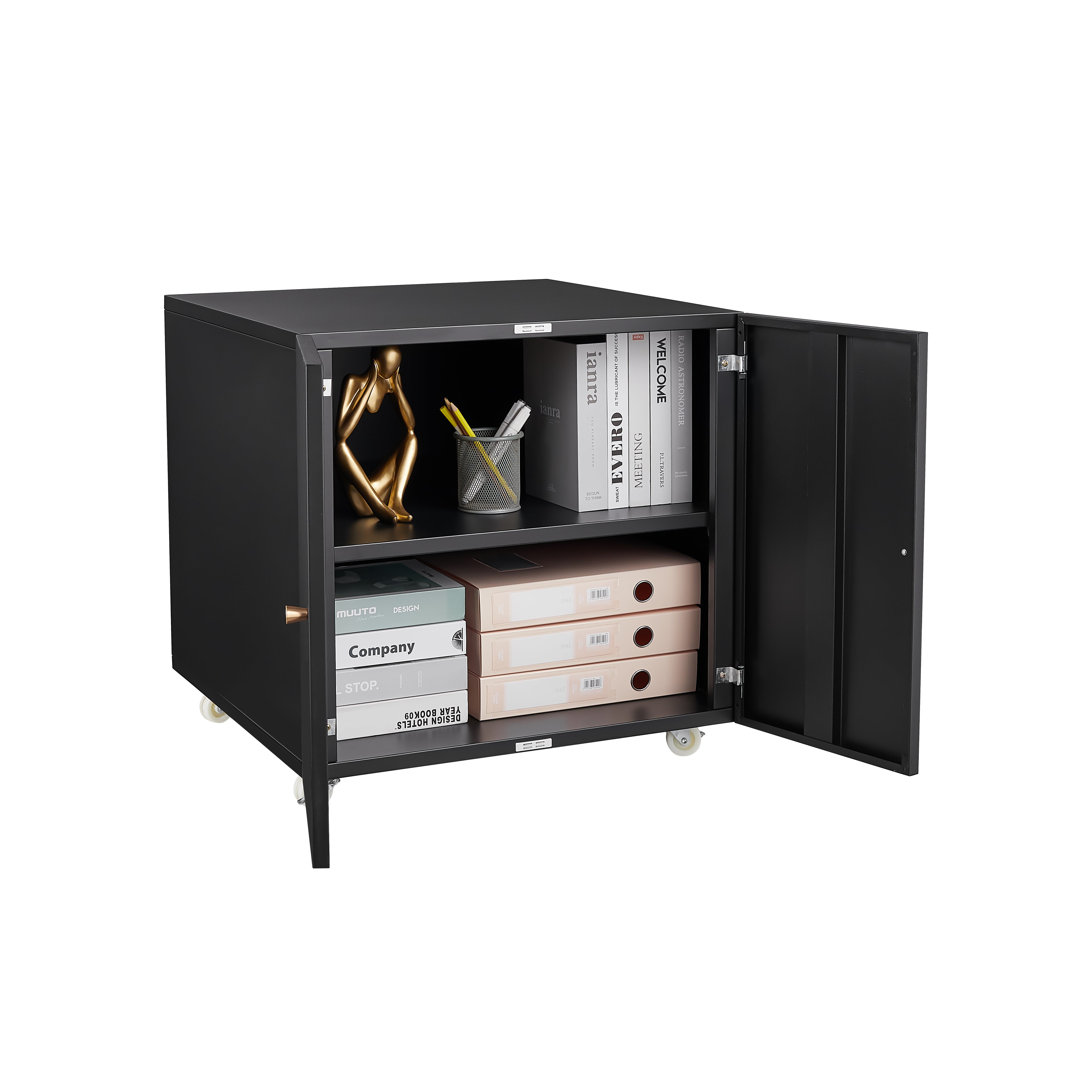 Metal Printer Stand Storage Door Adjustable Shelf File Cabinet Wheels - Black