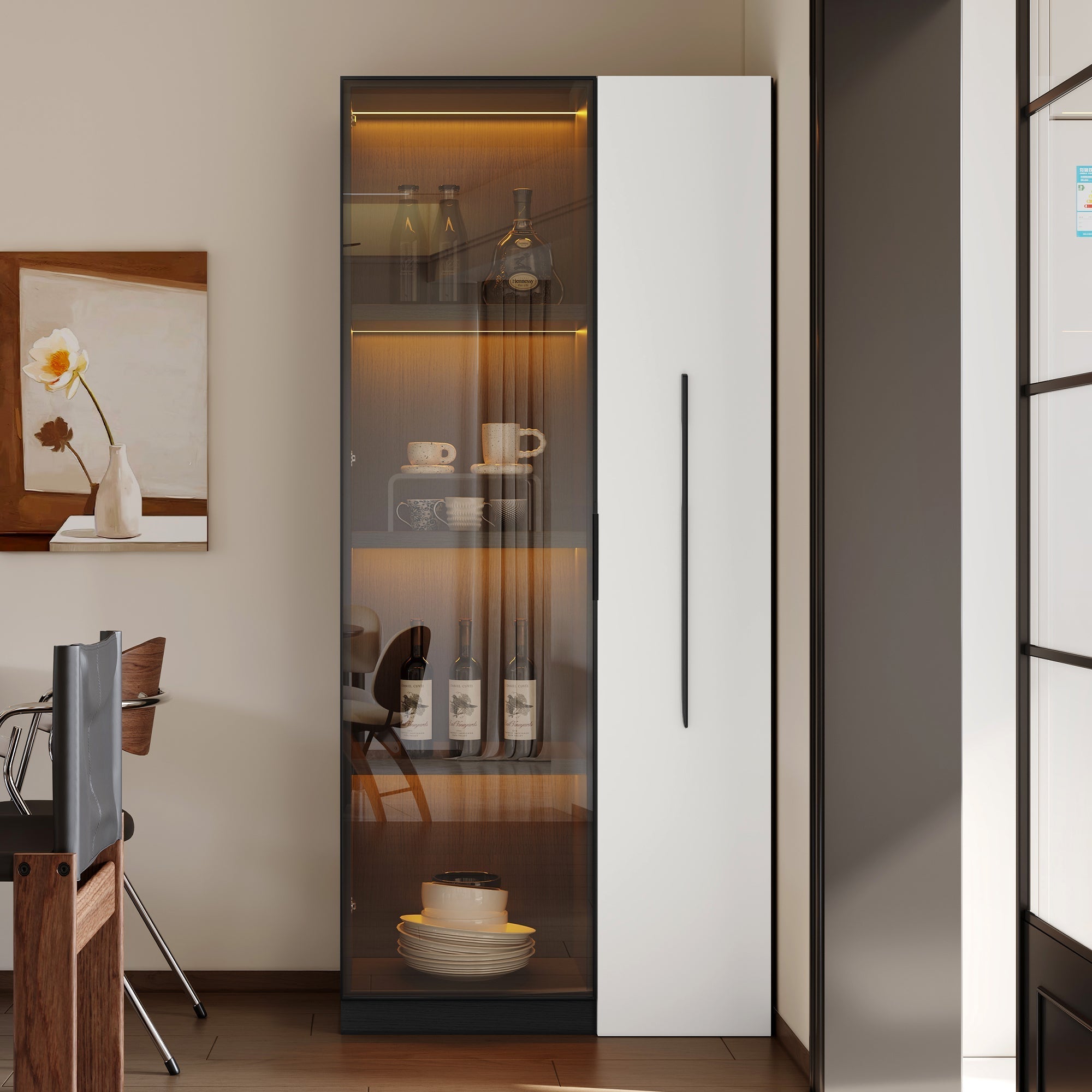 Multifunctional Cabinet with Glass Door, LED Lighting and Side Drawer, Black MDF