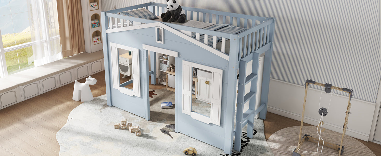 Loft Bed, Flexible Design with Window & Ladder, Pine + MDF + Plywood, Blue
