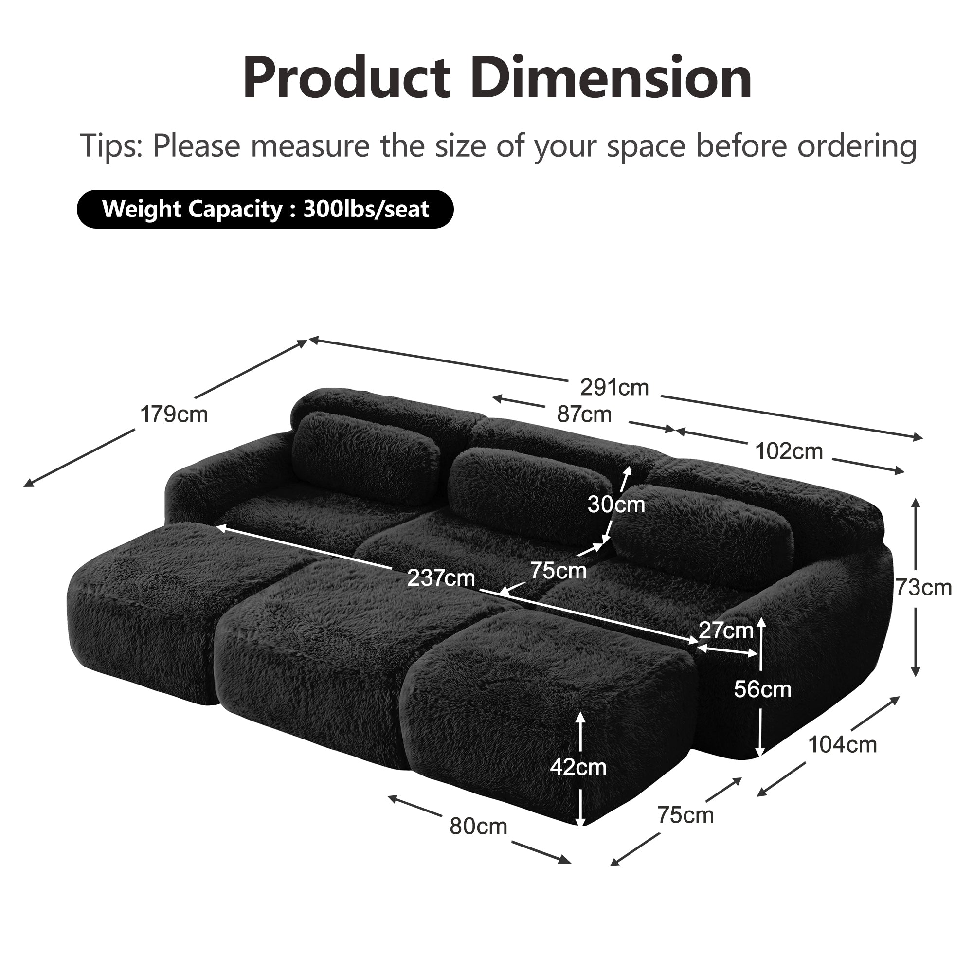 Boneless Cloud Sofas Modular 3-Seater Sleeper Sofa with 3 Ottomans Black Soft Plush Fabric