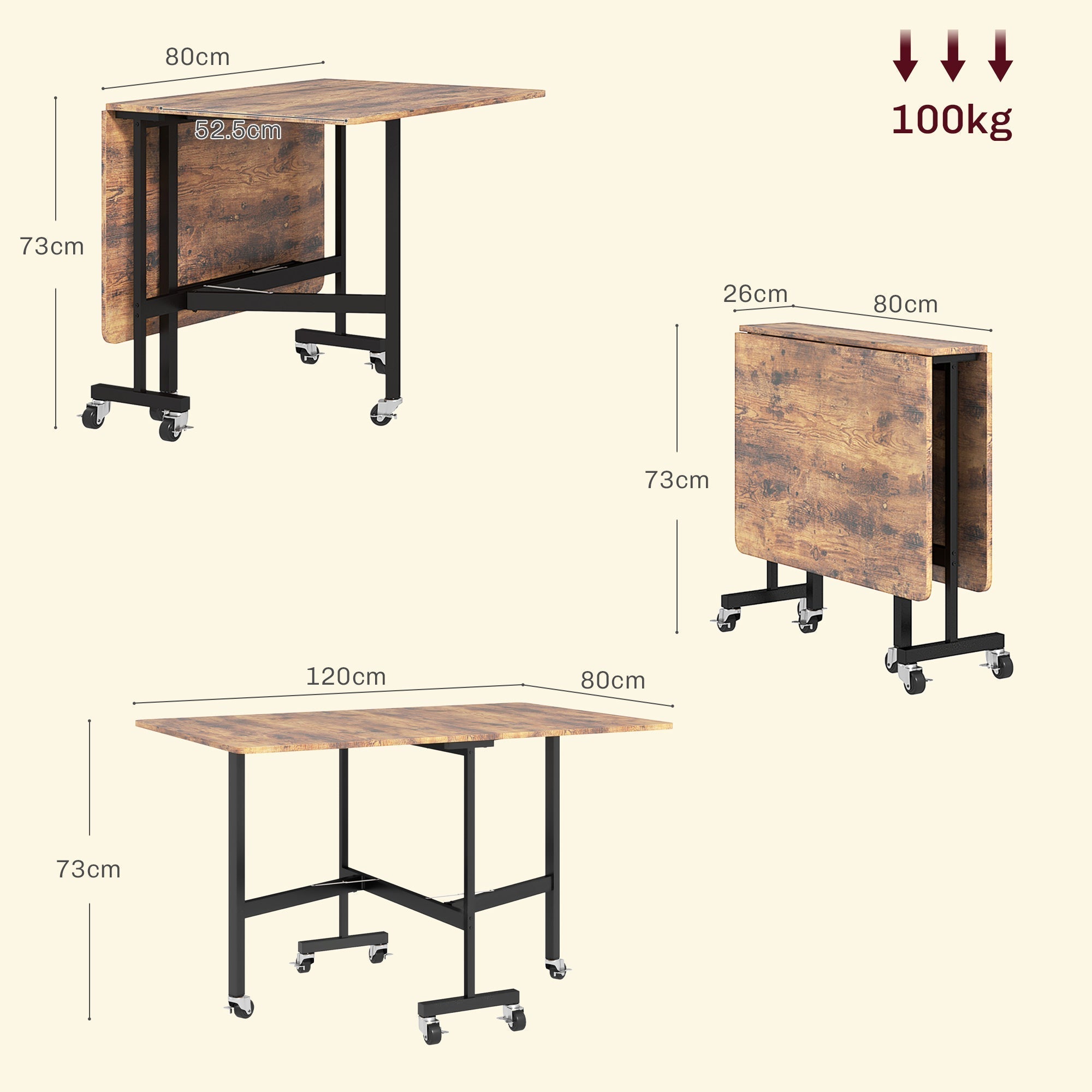 Folding Dining Table, 6 Person, Casters & Brakes, Brown