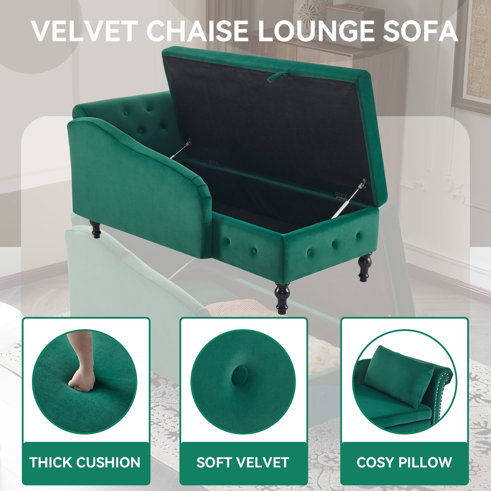 Velvet Chaise Lounge Sofa with Storage, Upholstered, Modern Nailhead-Trim & Button-tufted, Right Armrest