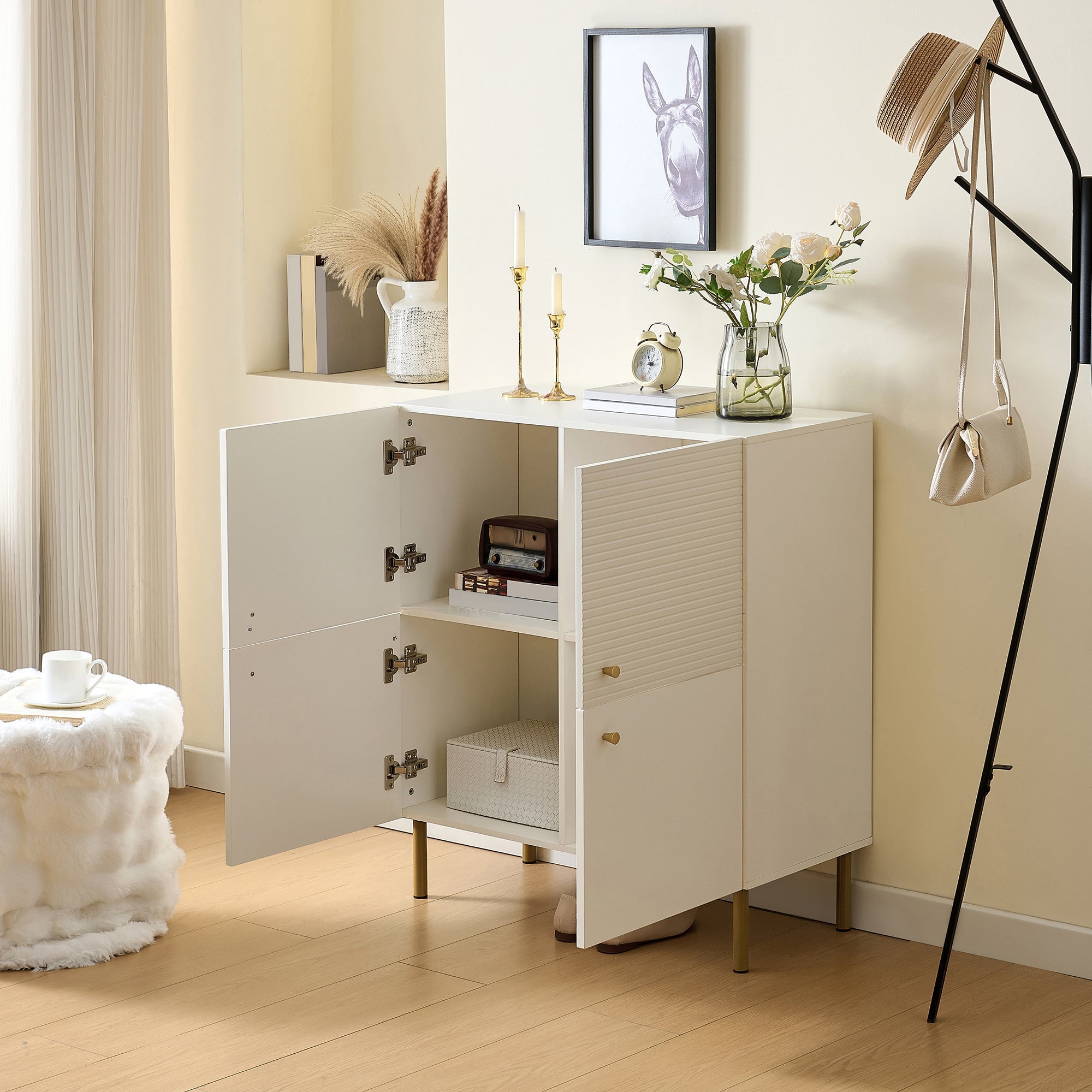 Sideboard, Modern MDF with Zinc Alloy Handles & Steel Legs, White