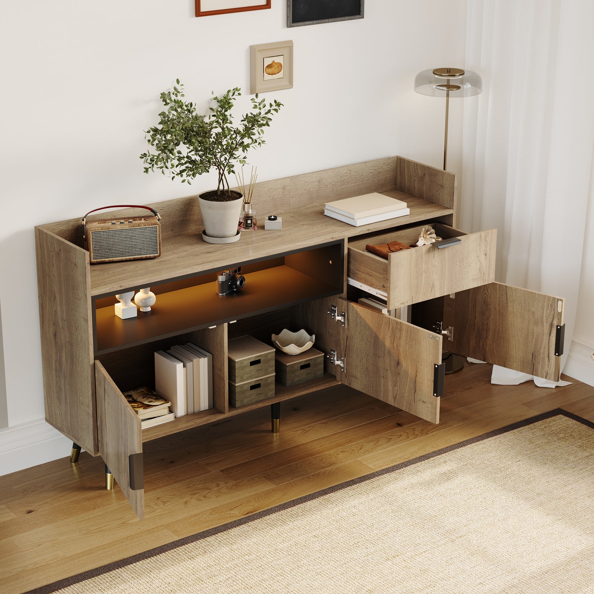Modern Minimalist Sideboard with Open Shelves, Drawers and Swing Doors, Wood and Metal