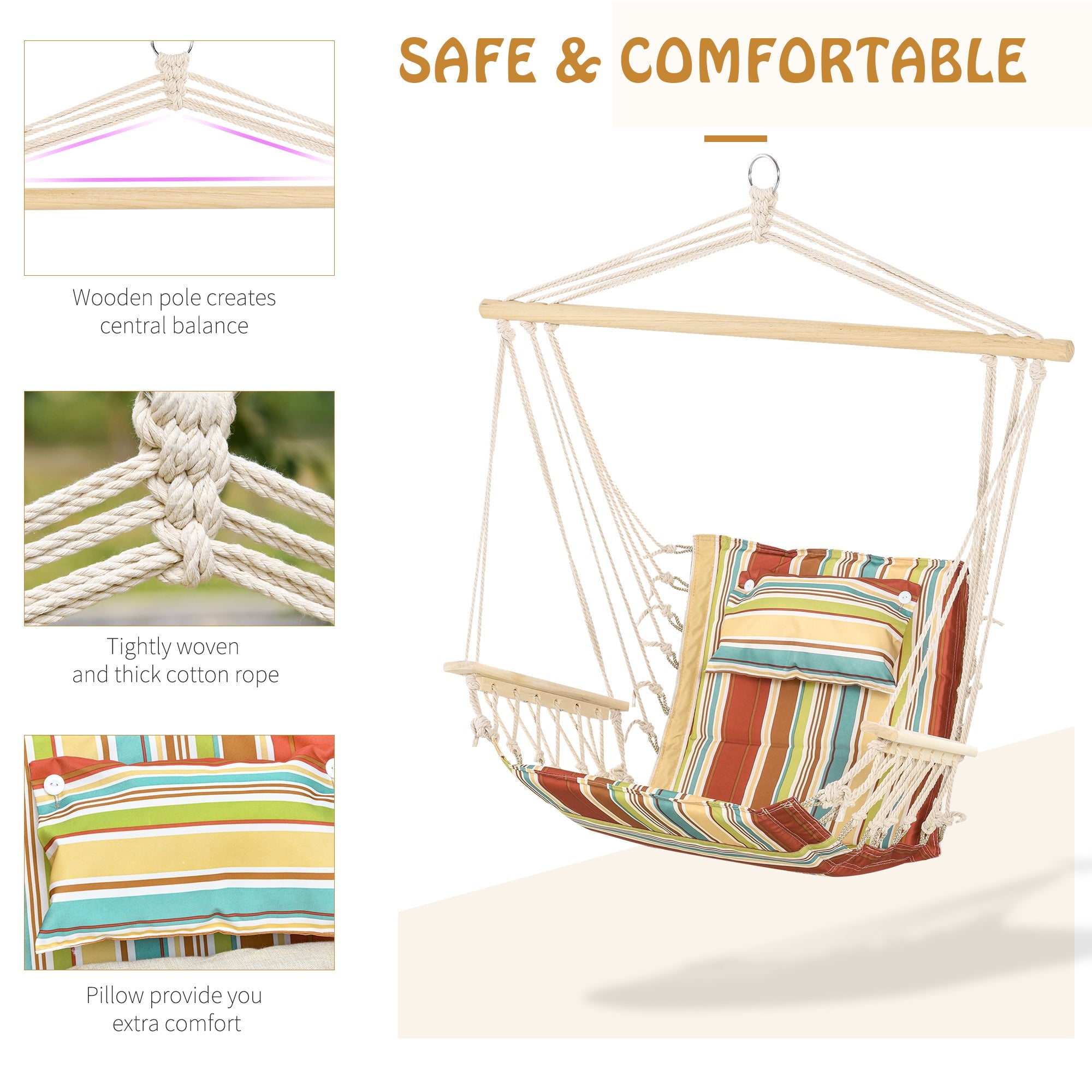 Hanging Hammock Chair Swing Chair, Thick Rope Frame Wide Seat Indoor Outdoor, Multi-Color Stripe