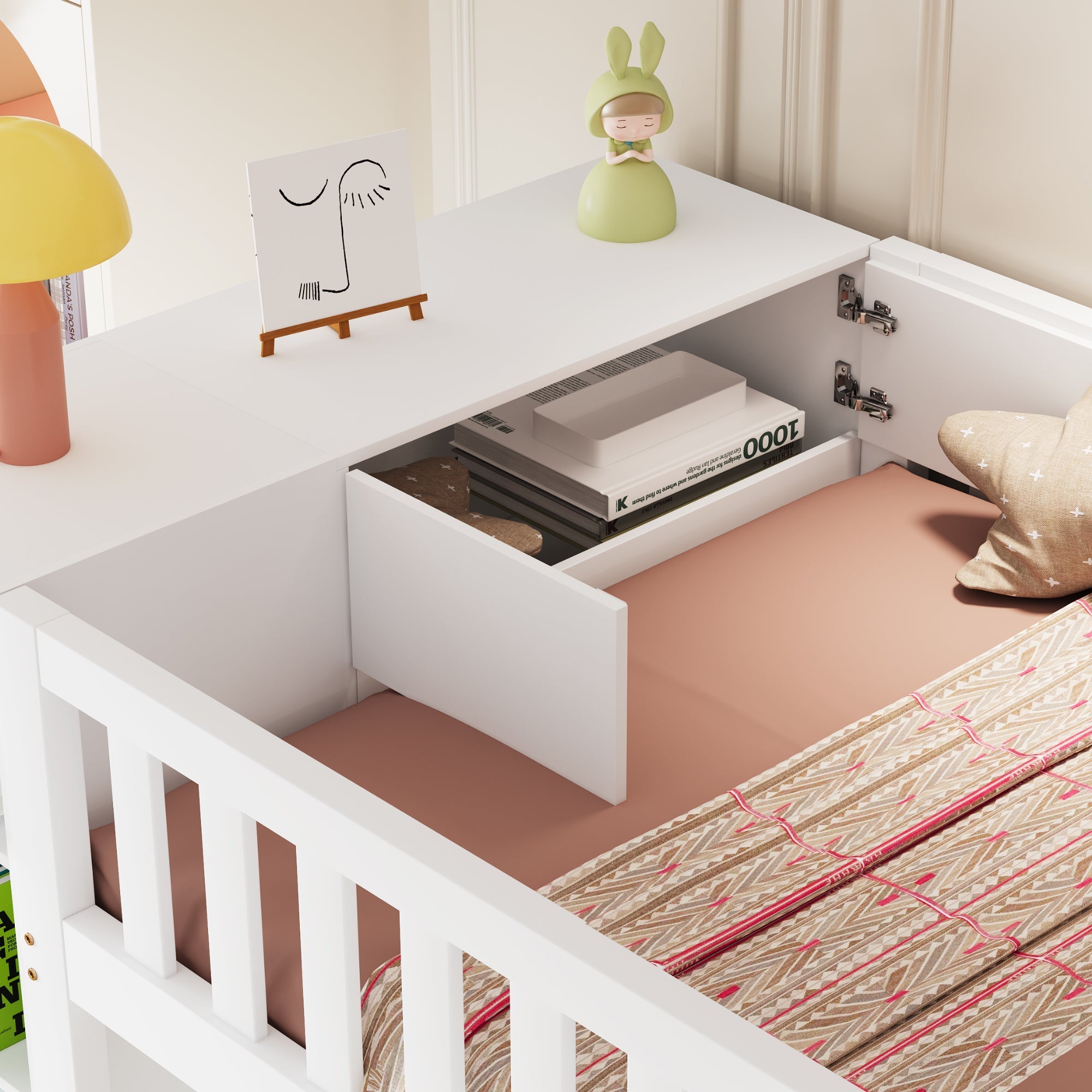 Loft Bed with Storage Stairs, Shelves and Wardrobe, Solid Wood White and Wood Color