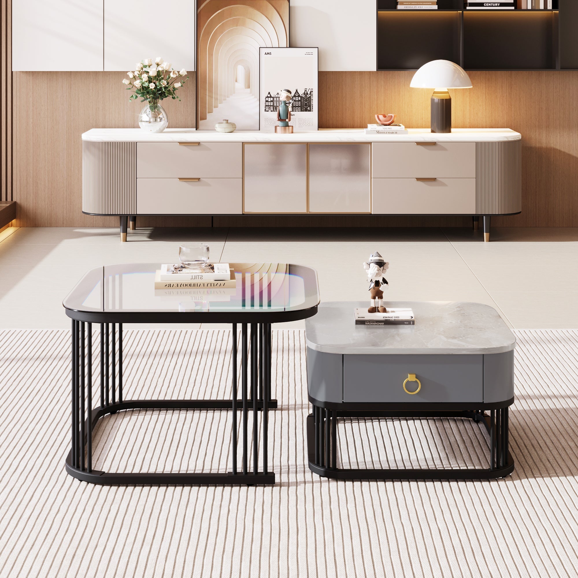 Stackable Coffee Table: High-Gloss Marble Look, Glass Top, Black Legs