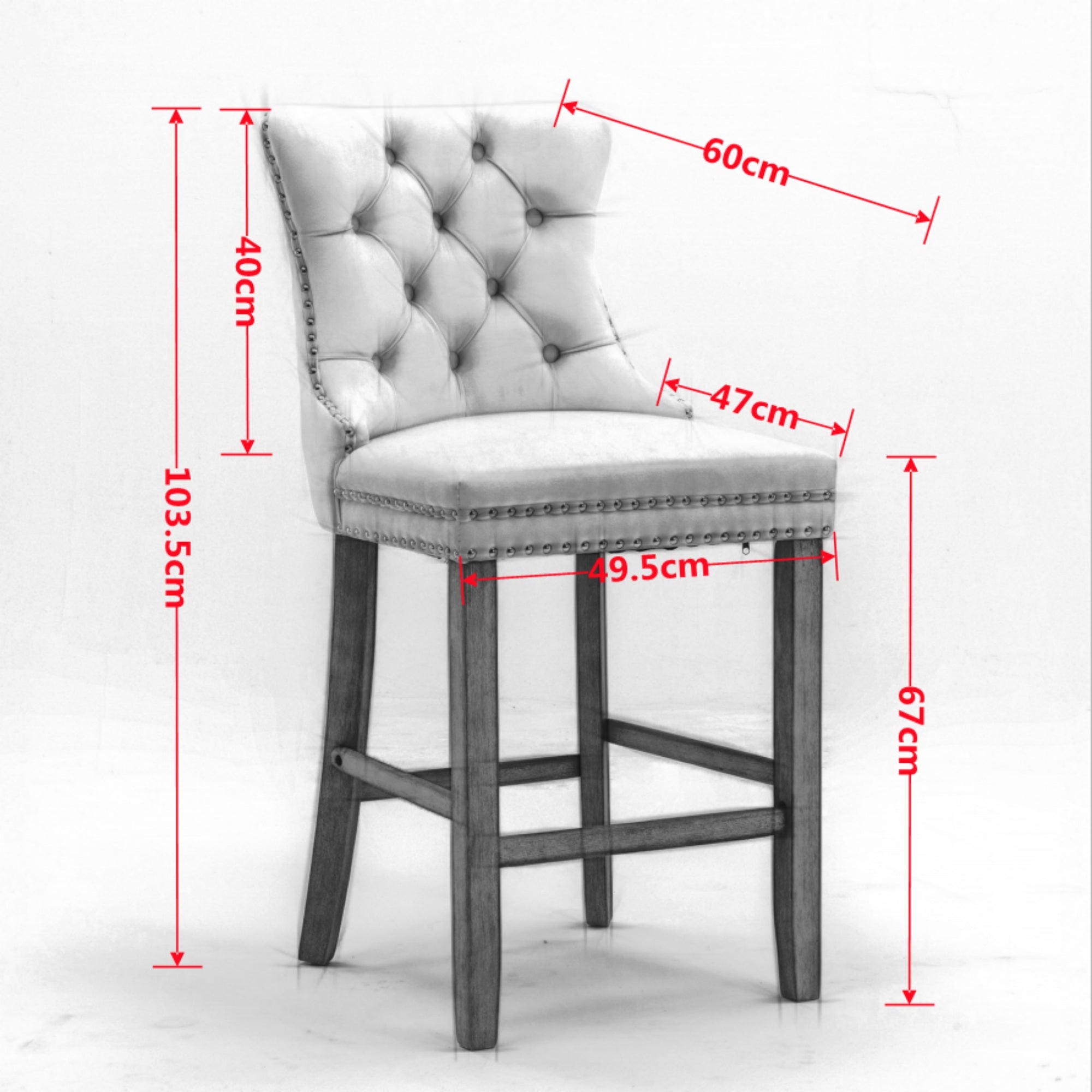 Contemporary Velvet Upholstered Barstools Set of 2 with Button Tufting & Wooden Legs, Gray