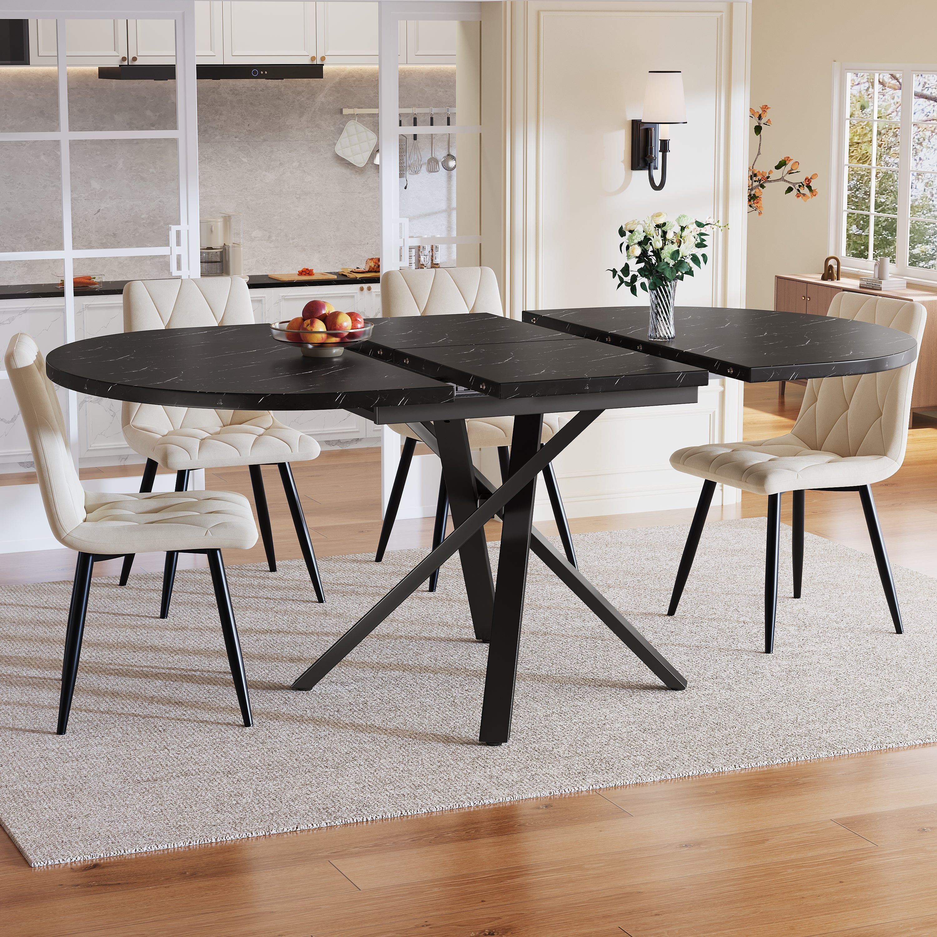 Dining Table Set 5-Piece Round Extendable 4 Chairs Velor Beige