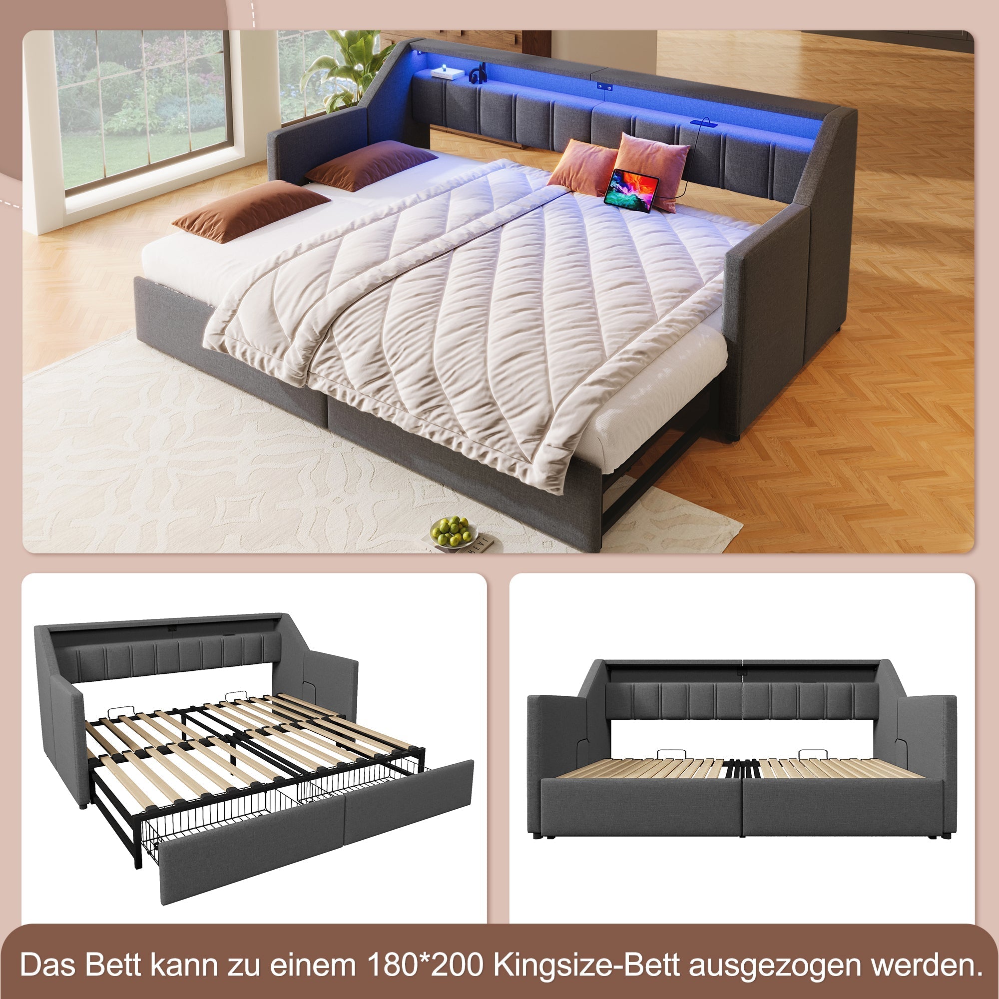 Daybed Sofa Bed Pull-out 90x200cm USB Type-C LED 2 Drawers Grey