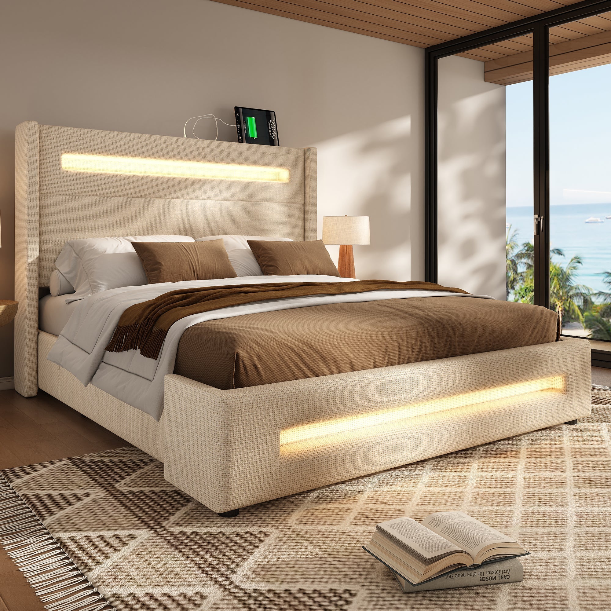 Upholstered Double Bed, 160x200cm LED Hydraulic Storage with USB-C, Beige Linen