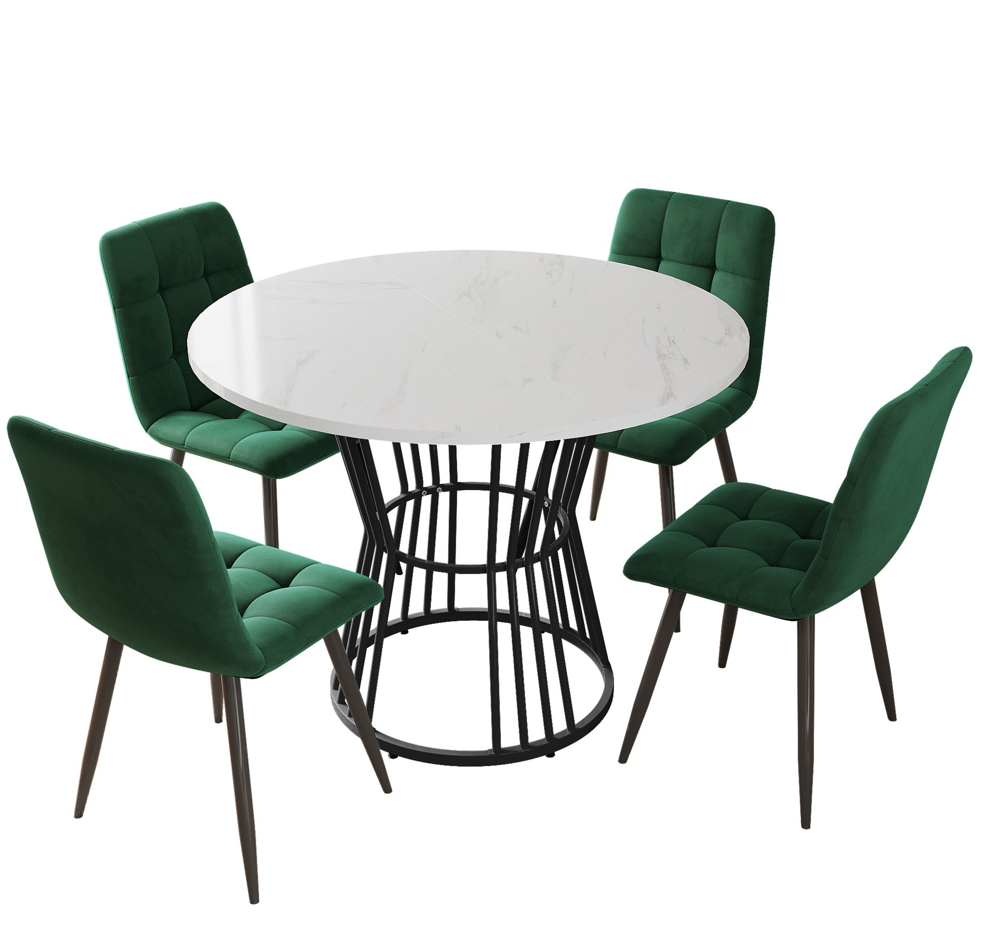 Dining Table Set 5-Piece Round 100cm Black Metal White MDF Green Velvet