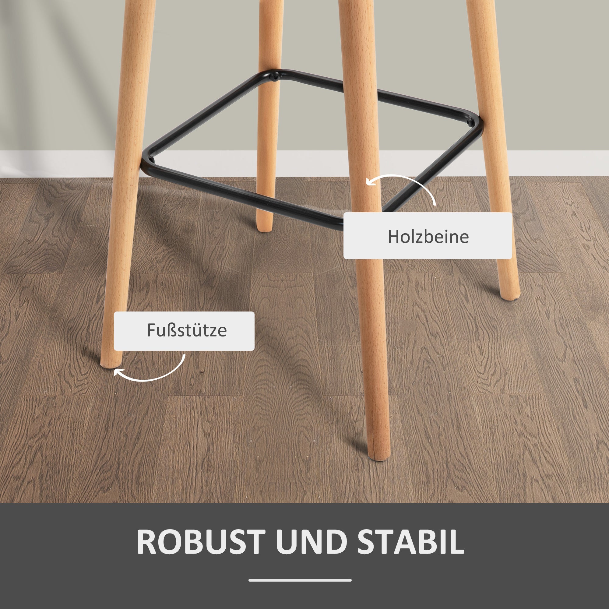 Bar Stool Set of 2, Comfortable Kitchen Stools with Footrests, Linen Beige/Beechwood