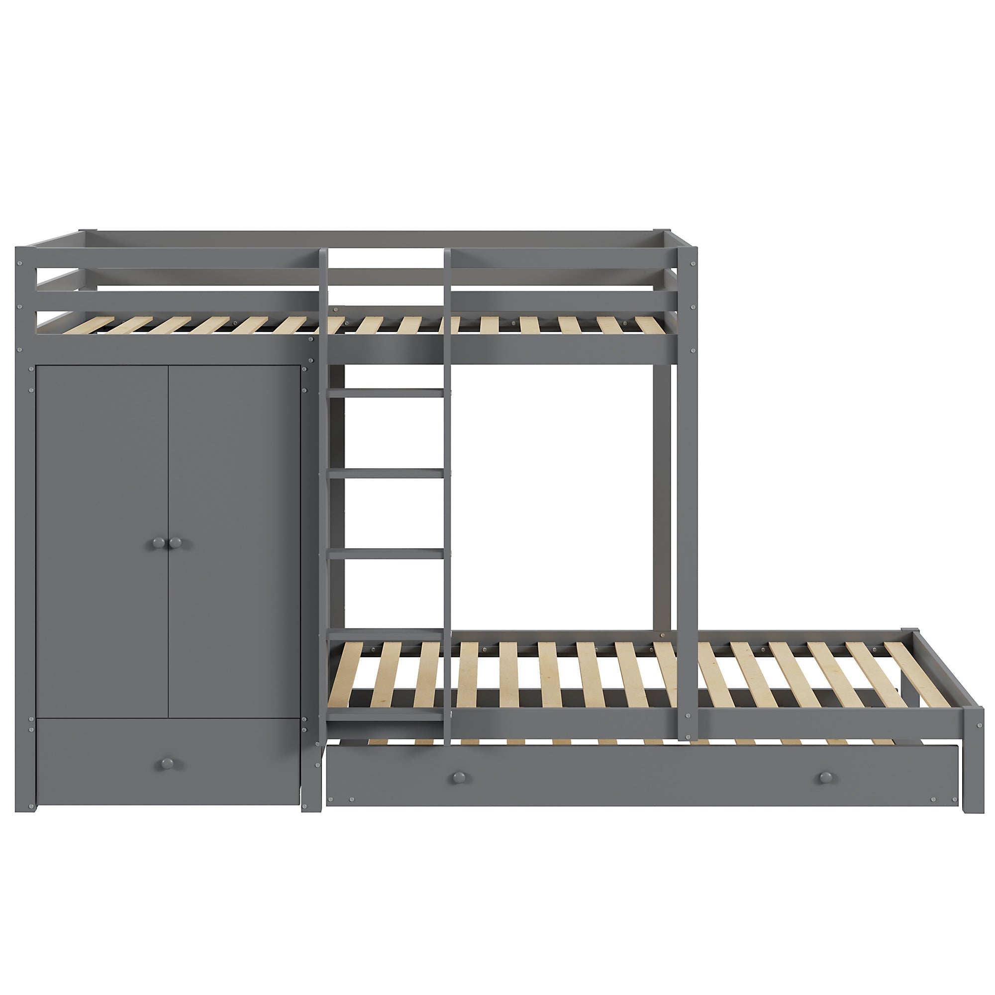 Bunk Bed, 90x200 Pull-Out, Multifunctional with Wardrobe, Drawers & Storage, Solid Wood Grey