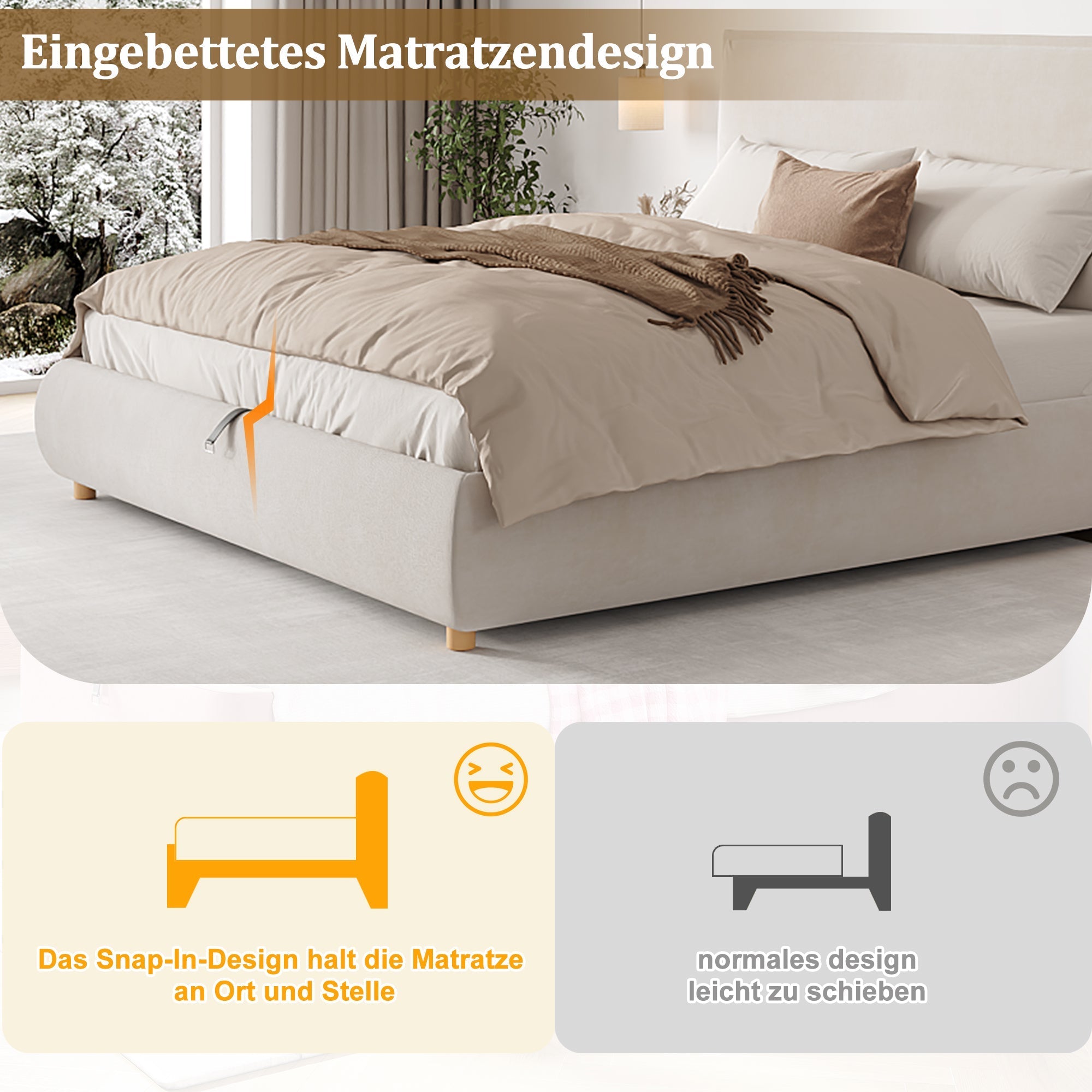 Upholstered Double Bed with Hydraulic Storage and Slatted Base, 180x200cm, Cream Velvet