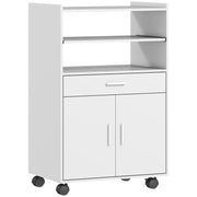 Microwave Cabinet with Shelf, Double Door, Drawer, and Casters, White