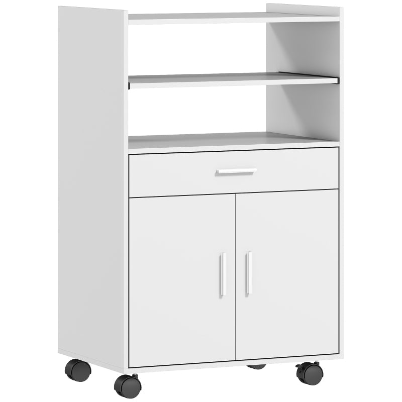 Microwave Cabinet with Shelf, Double Door, Drawer, and Casters, White
