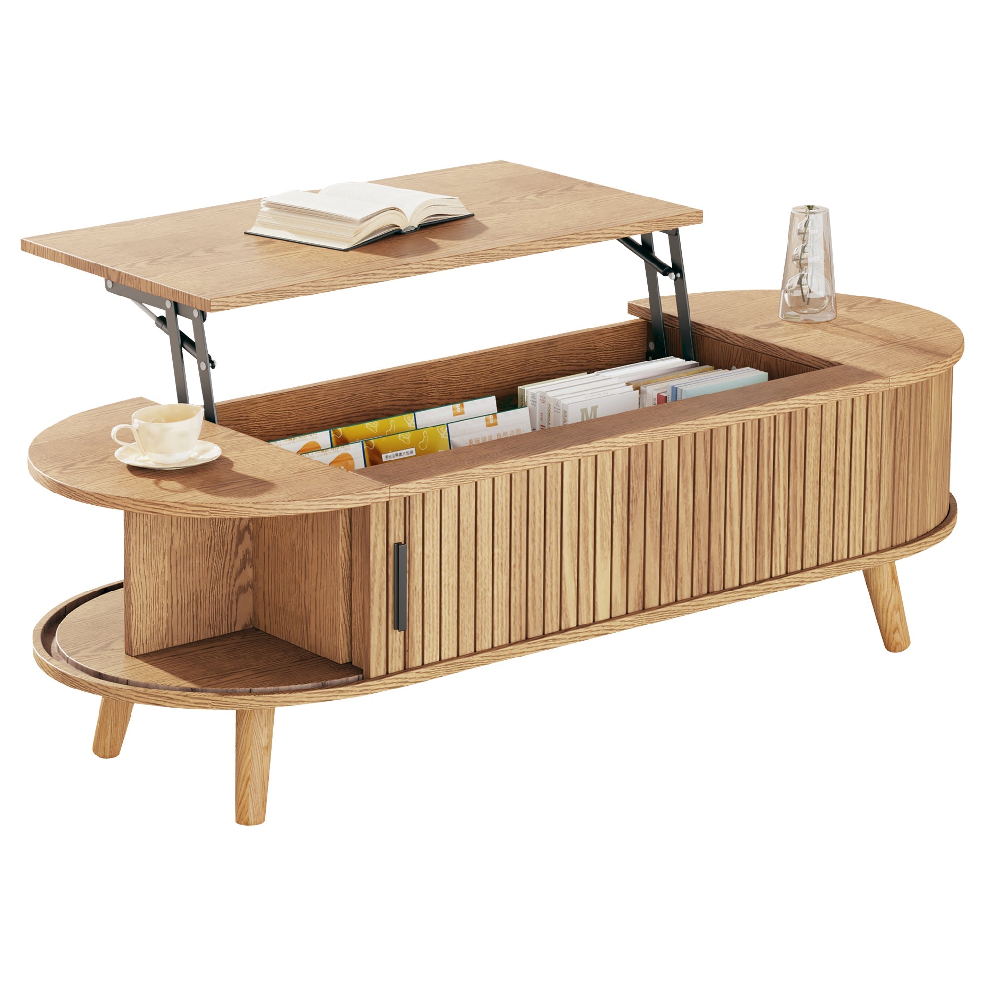 Liftable Coffee Table Hidden Storage 5 Shelves Original Wood Color