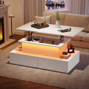Coffee Table, LED High Gloss Lift Top Rectangular with 4 Drawers, Wood White