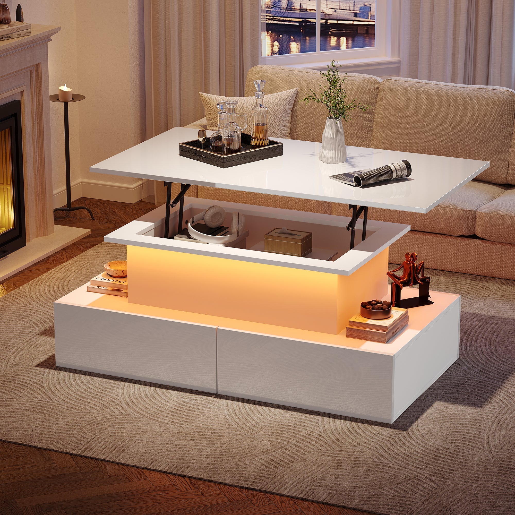 Coffee Table, LED High Gloss Lift Top Rectangular with 4 Drawers, Wood White