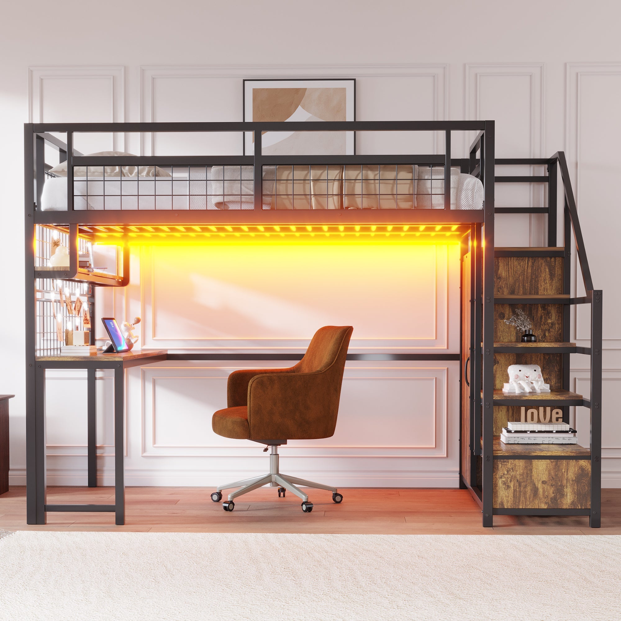 Metal Loft Bed with Storage Ladder, Wardrobe, Table, Shelf and LED, 140x200cm, Black Metal