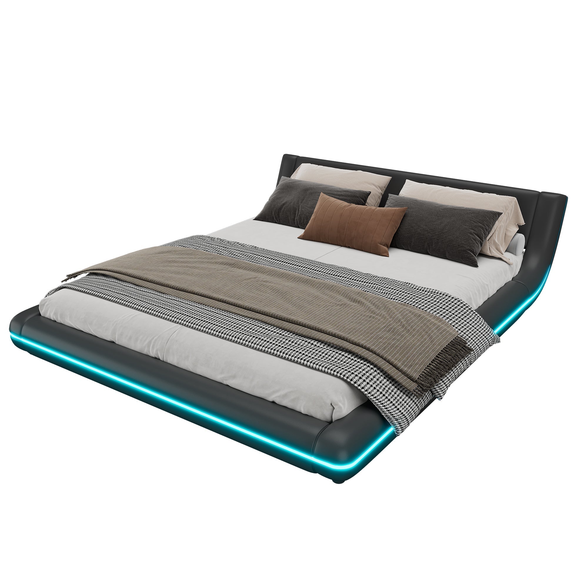 Flatbed Floor Bed 160x200cm with LED Ambient Light PU Black