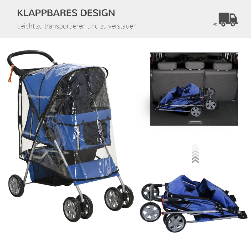 Hundebuggy, faltbare Regenhülle, Ablagekorb unten, 2 Getränkehalter, Blau