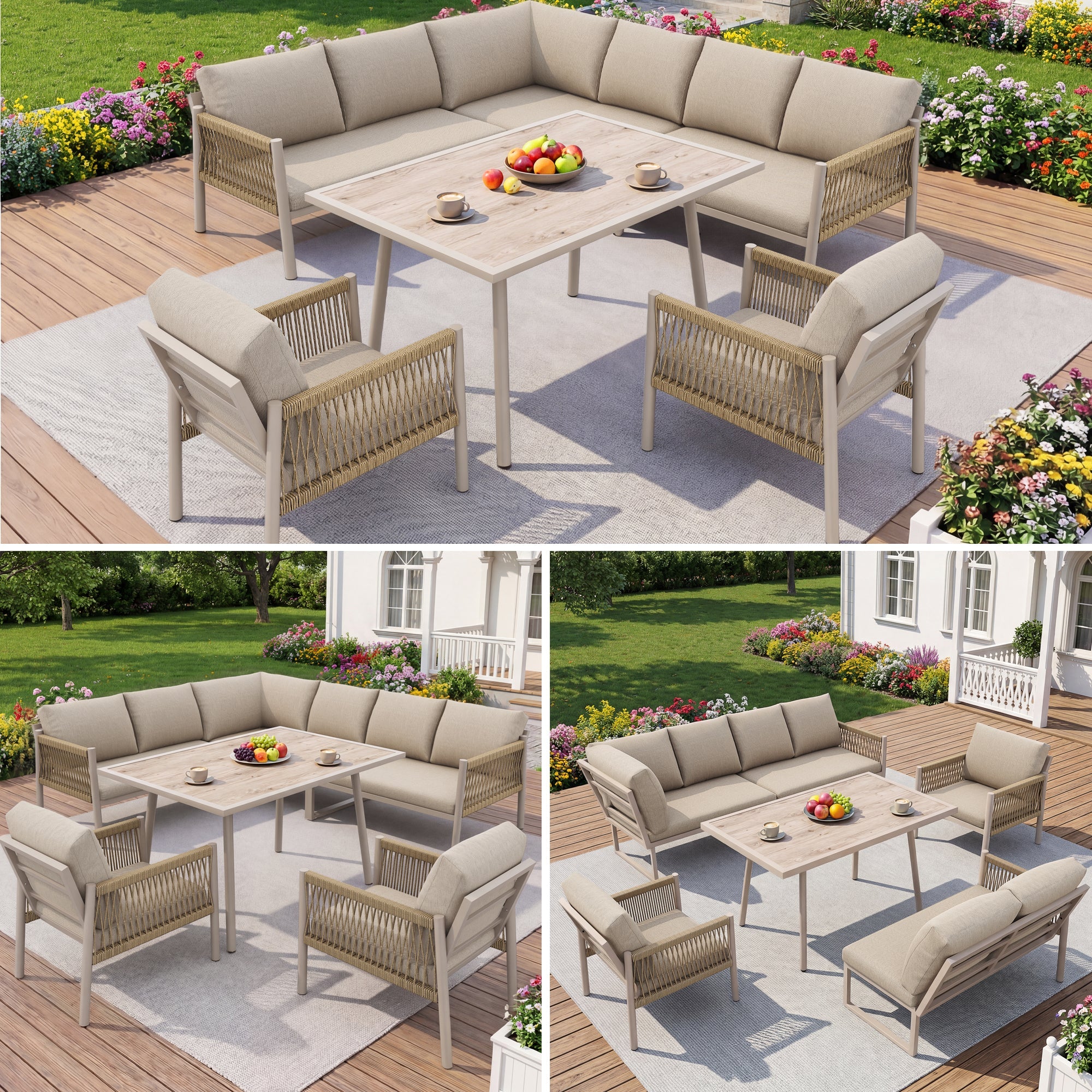 Garden Lounge Seating Group, L-Shaped Sofa with Table and 2 Armchairs, Beige