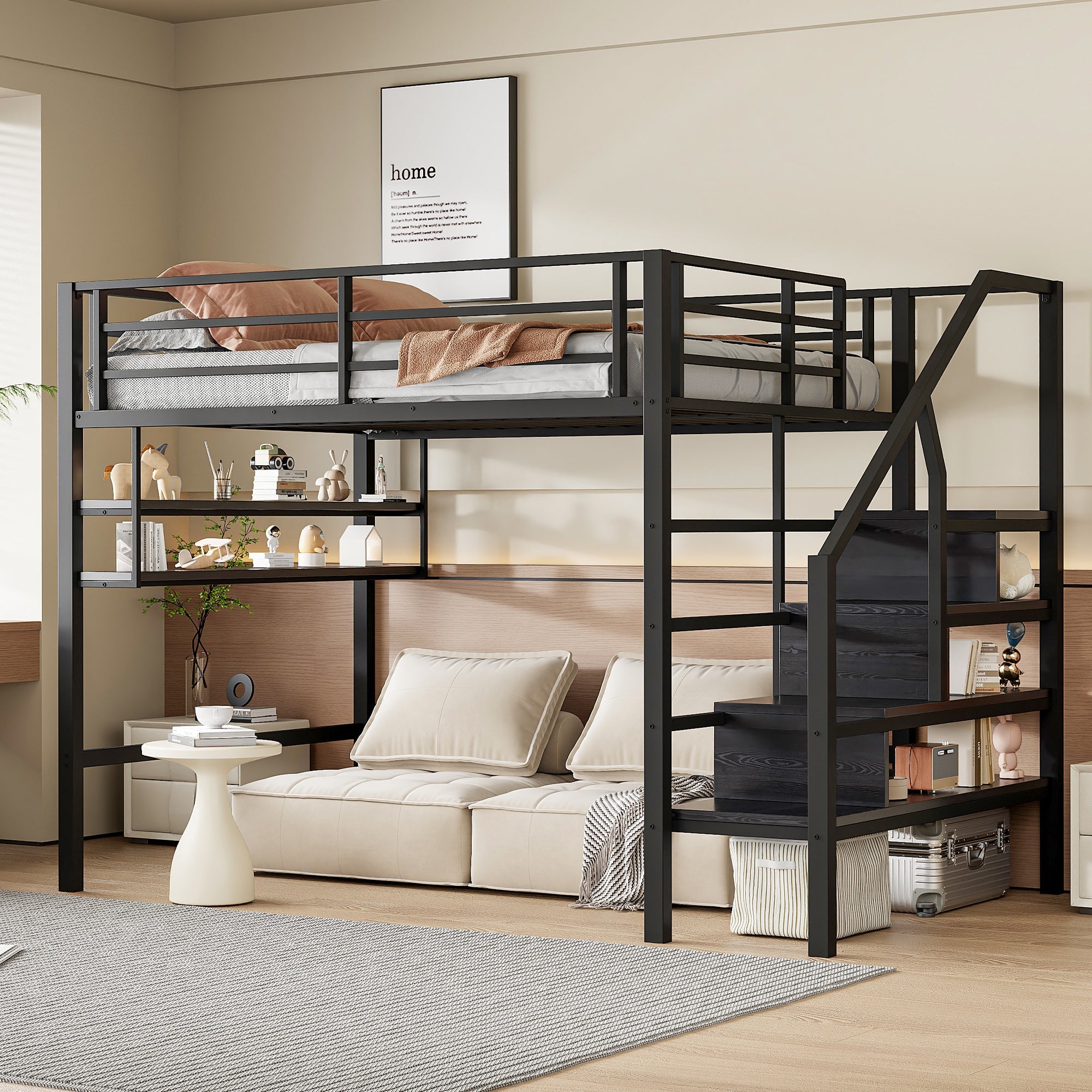Loft Bed 140x200cm Storage Ladder Shelves Railing Black