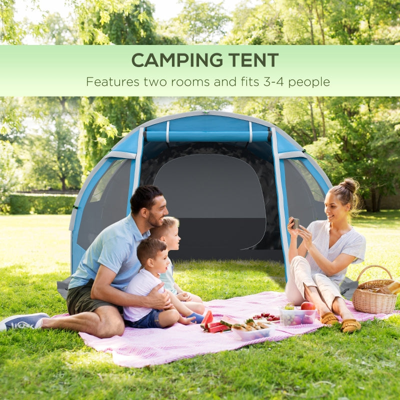 3-4 Man Tunnel Tent, Two Room Camping Tent with Windows, Portable Carry Bag - Blue