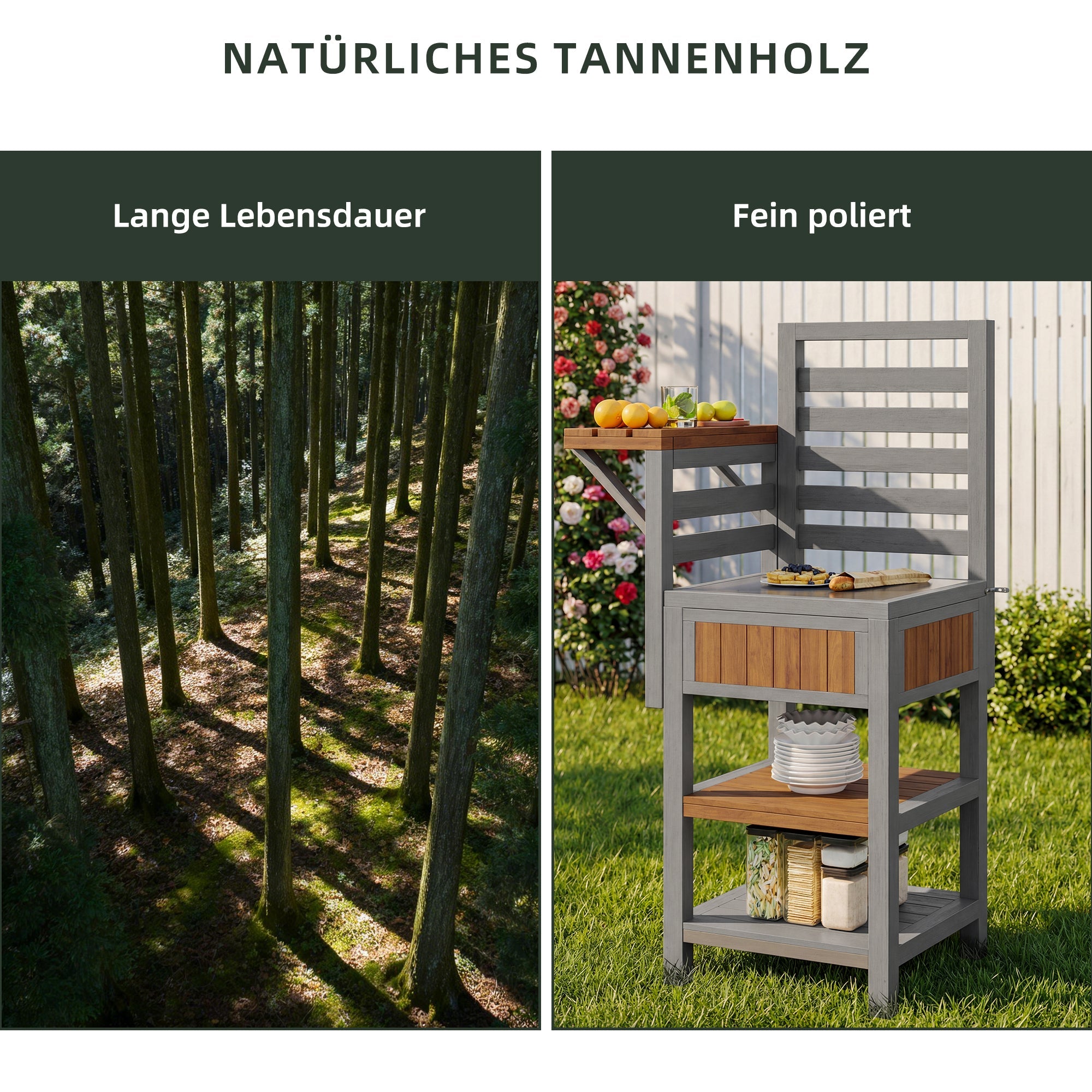 Outdoor Garden Cabinet with Stainless Steel Worktop and Double Shelf, Weatherproof Wood