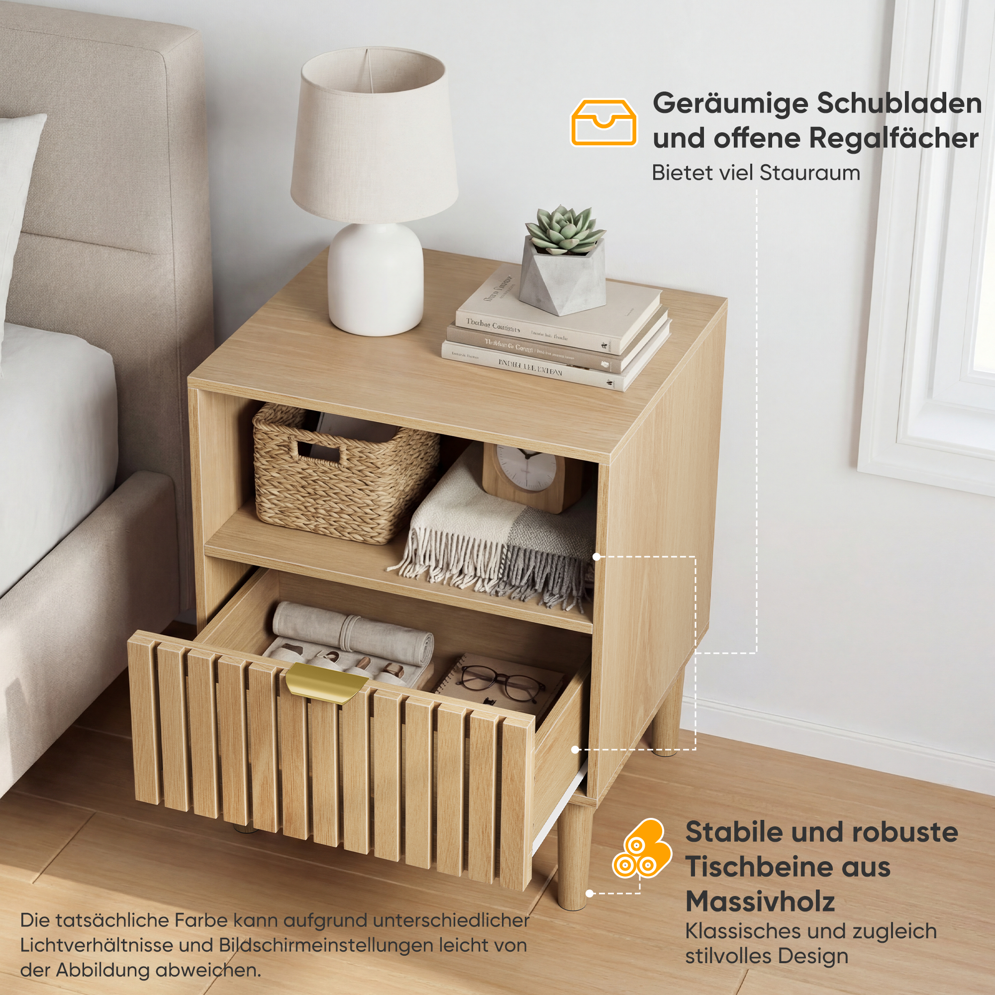 Modern Bedside Table with 1 Drawer and Slatted Design, 45x39x56.5cm, Oak