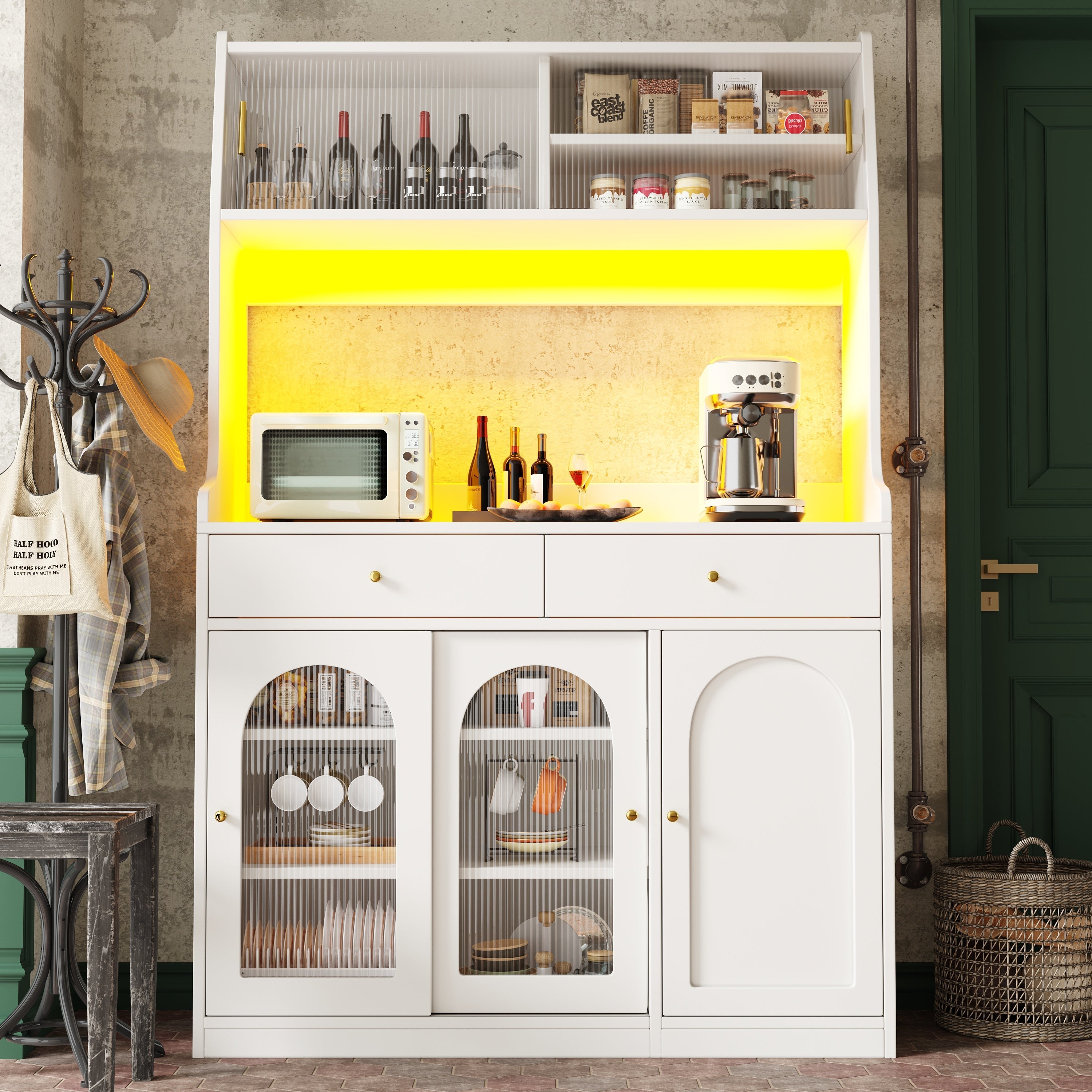 Tall Kitchen Cabinet Buffet Sideboard, Display Storage Adjustable Shelves 2 Drawers LED Lighting - White