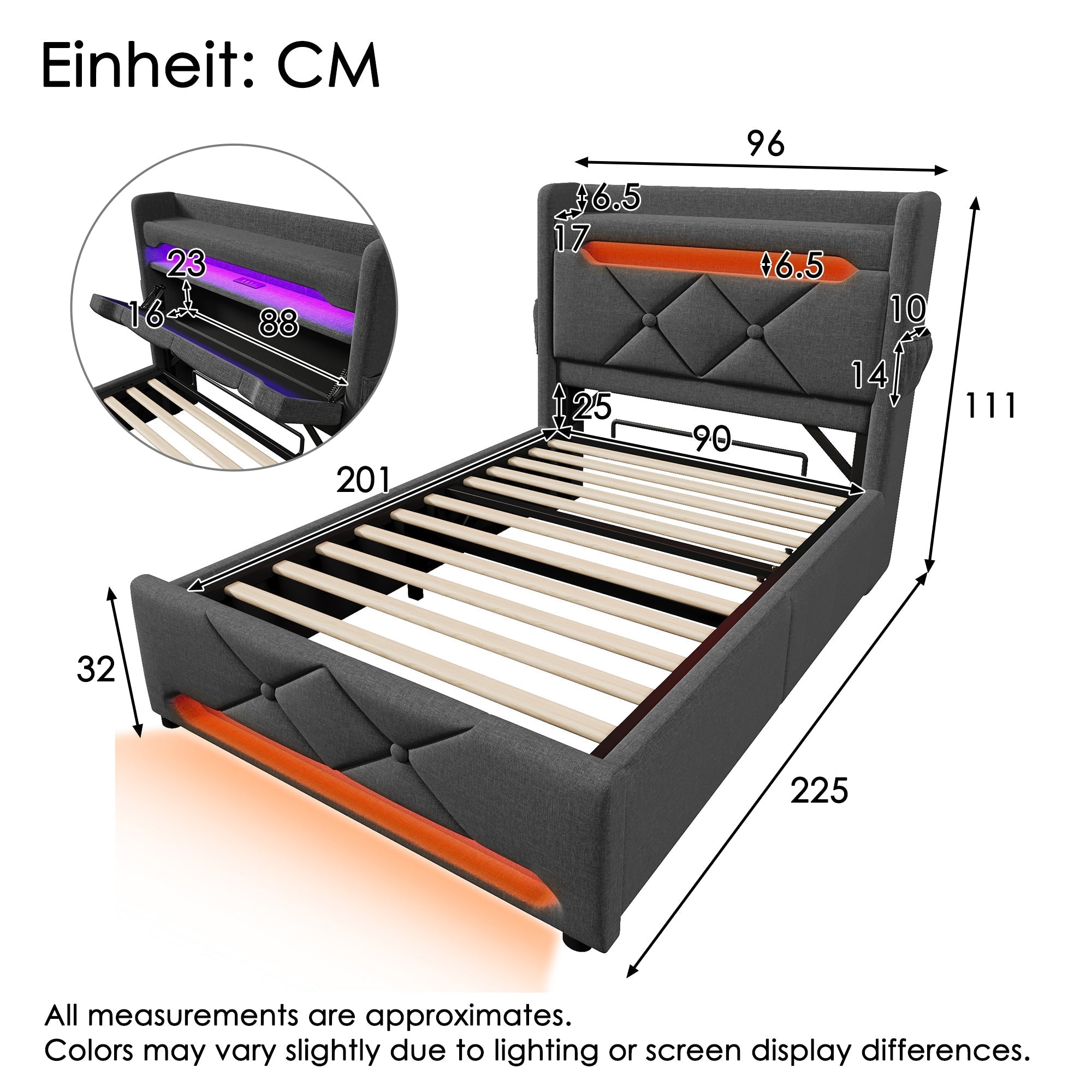 Upholstered Single Bed 90*200, Storage Headboard with USB & LED, Hydraulic, Gray Linen