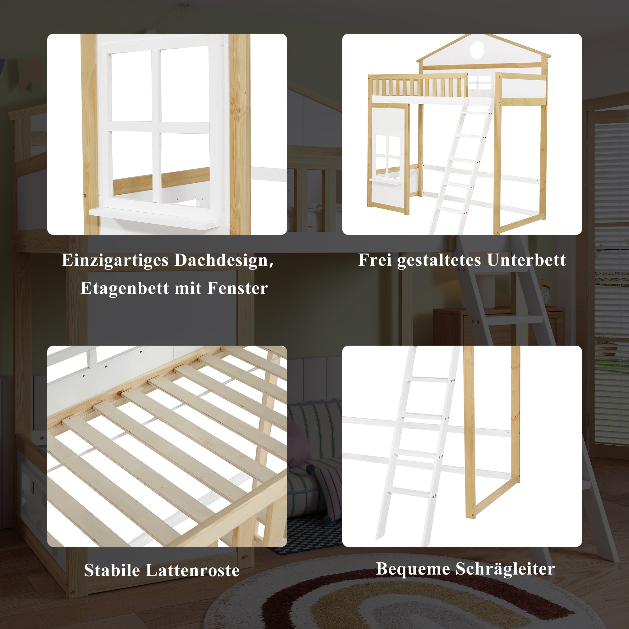 Bunk Bed, House Bed with Stairs & Rails, Pine+MDF, White+Natural