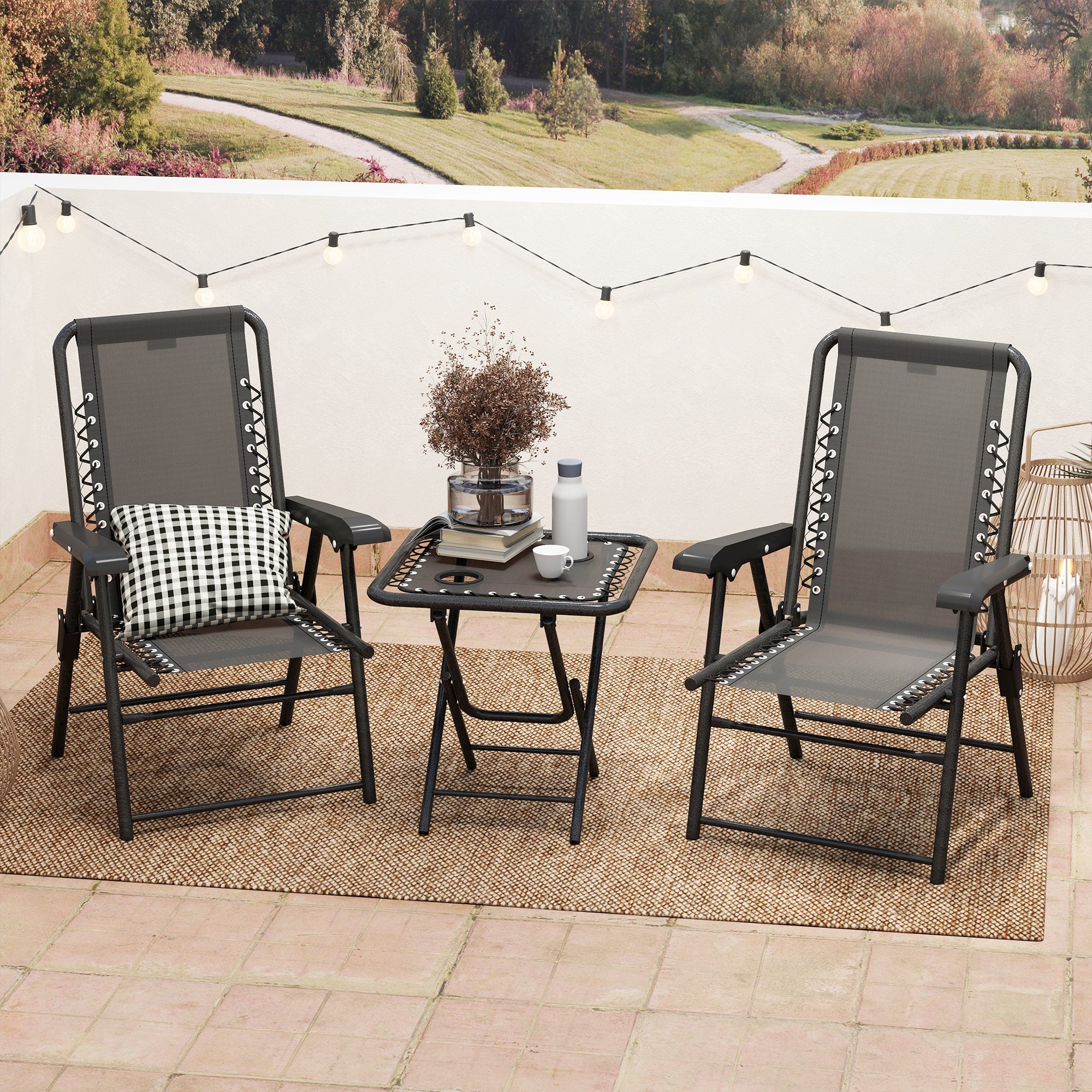 Three-Piece Garden Table and Chair Set, Folding Bistro Black