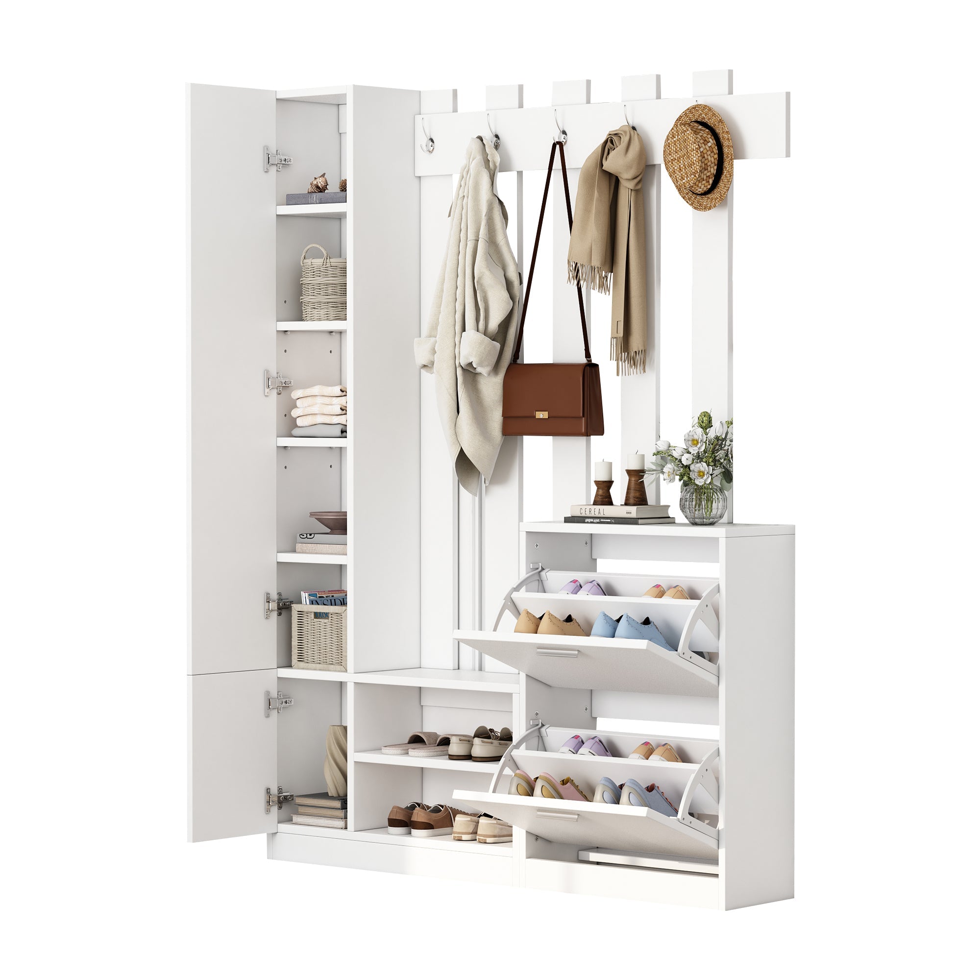 Wardrobe Set 135x25x180cm Mirror Shoe Cabinets Storage - White
