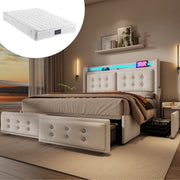 Upholstered Bed 160x200, LED Headboard, USB-C, 4 Drawers, Beige Cotton