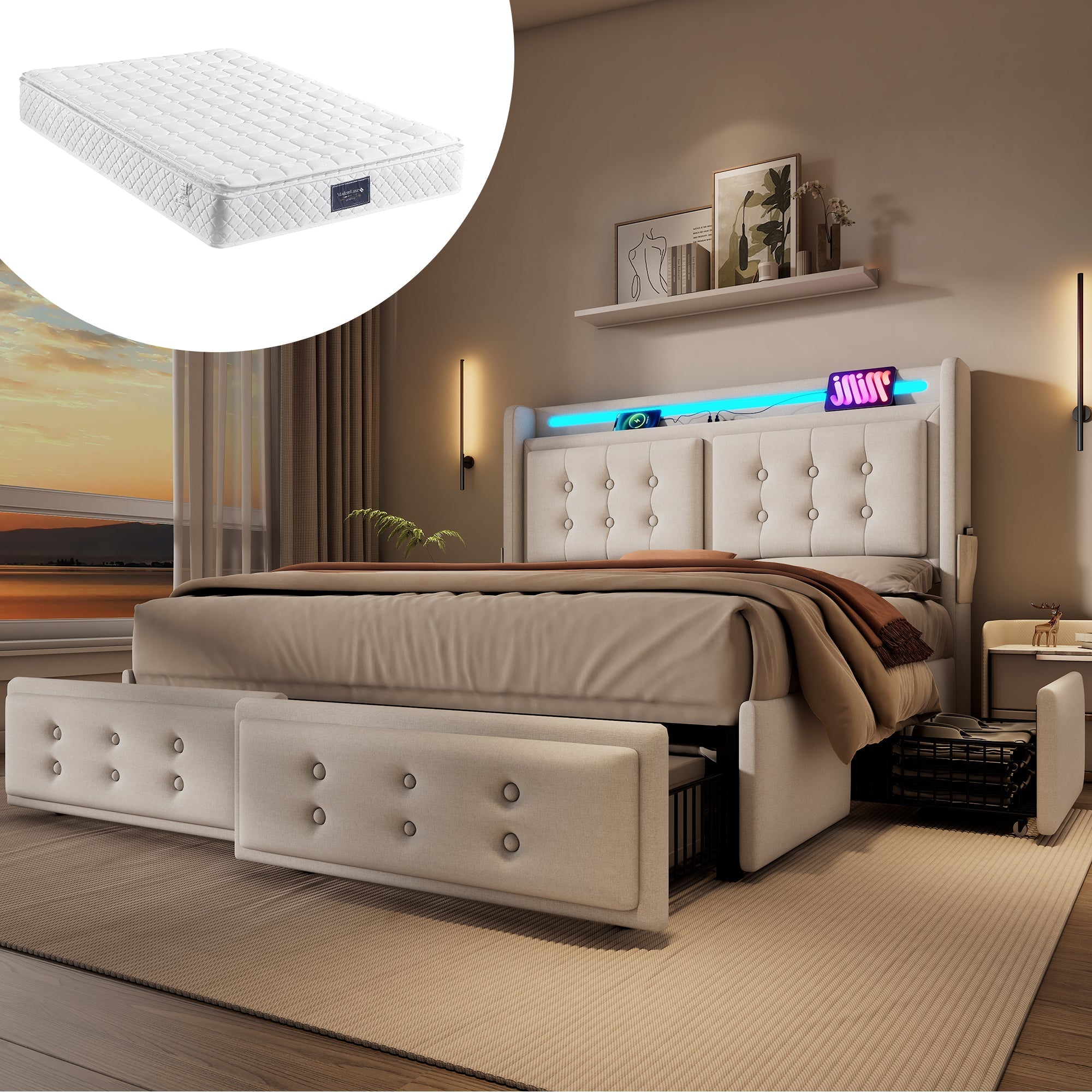 Upholstered Bed 140x200, Double with LED Headboard, USB-C & 4 Drawers, Beige Cotton