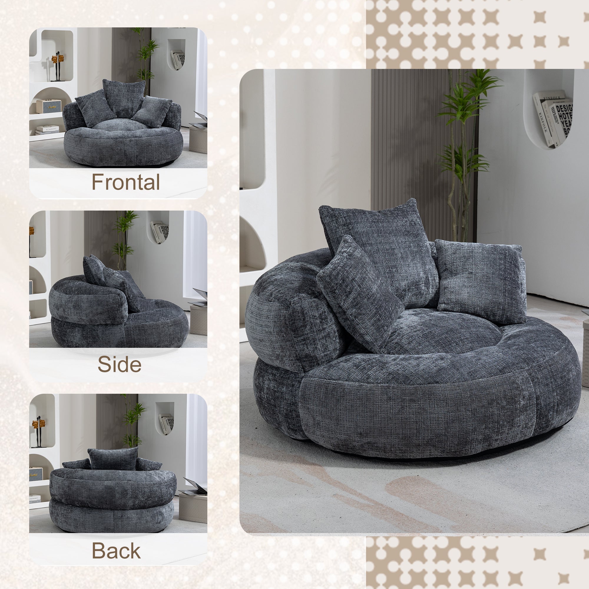 COOLMORE Lazy Sofa Durable Comfort Lounger High Back Bean Bag Chair Couch with Three Pillows, Gray Chenille