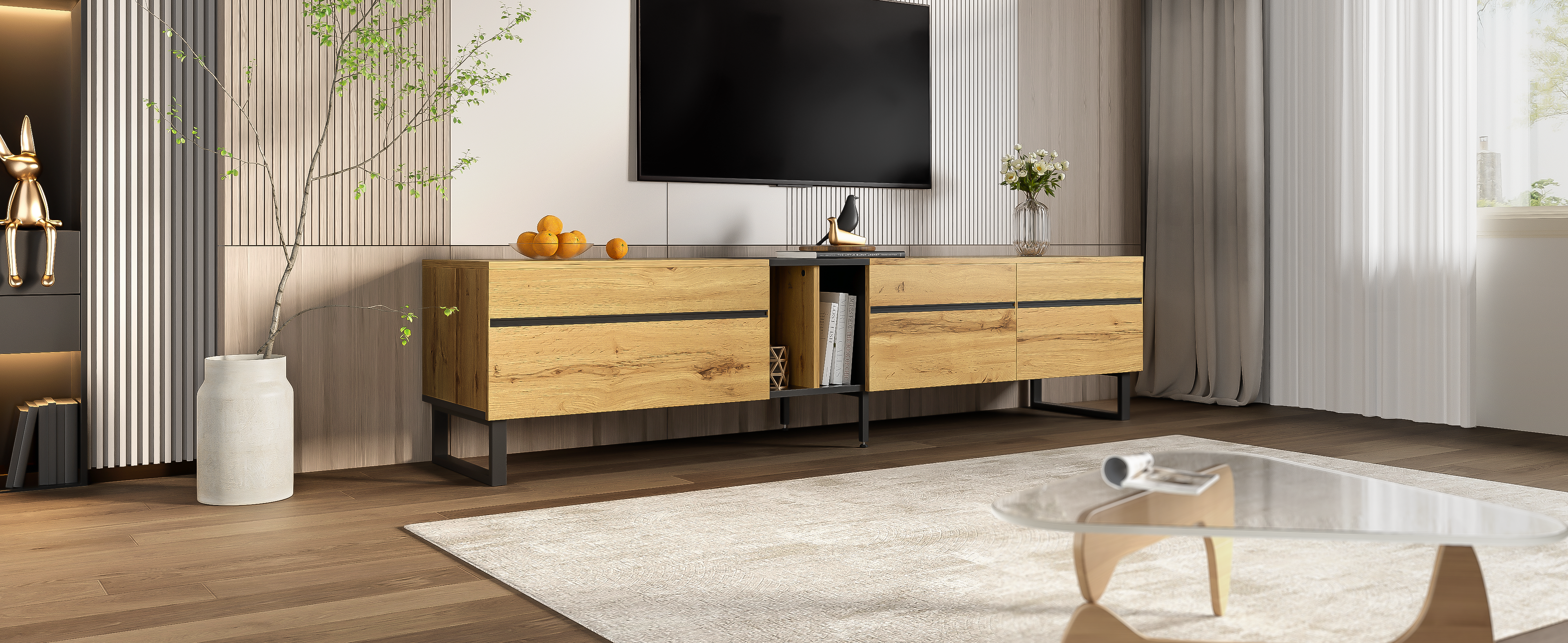Modern TV Lowboard 180cm Drop-Down Open Shelves Double Doors