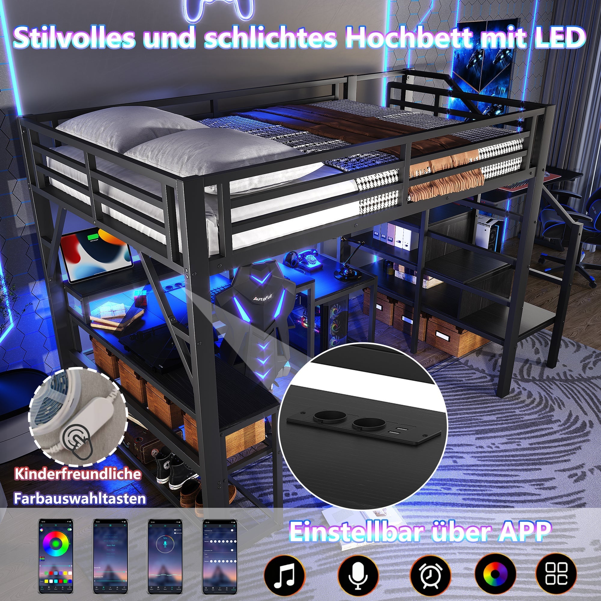 Loft Bed with Desk, LED Light Strip and Storage Staircase, 140 x 200 cm, Black Iron Frame