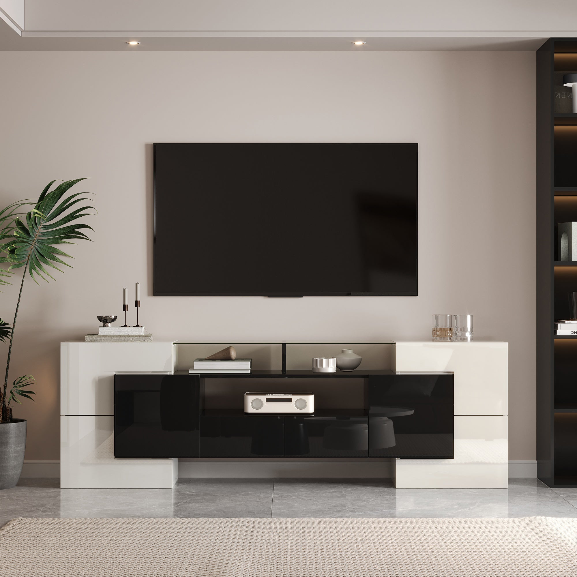 TV Cabinet Low Panel 200 cm LED Lighting High-Gloss White/Black with Glass Surface