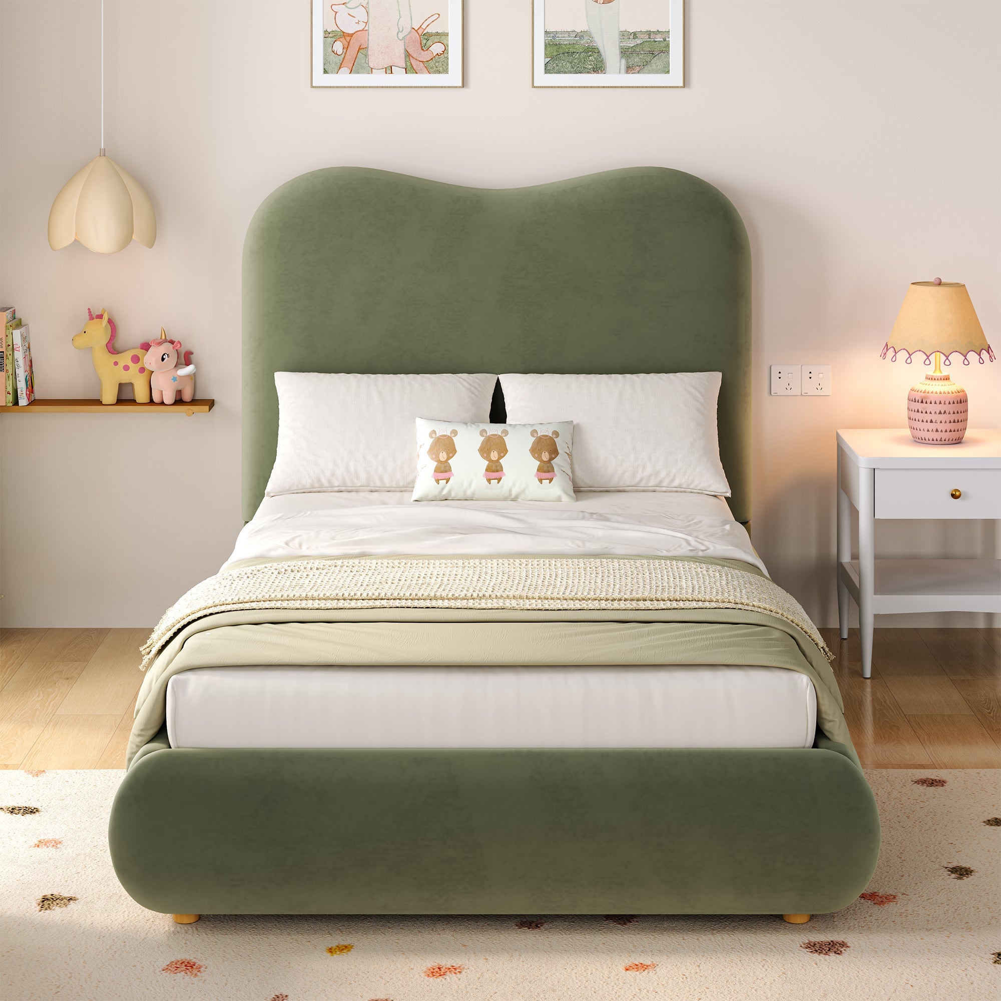Upholstered Bed 90x200cm, Hydraulic Storage, Headboard & Slatted Frame, Velvet Green