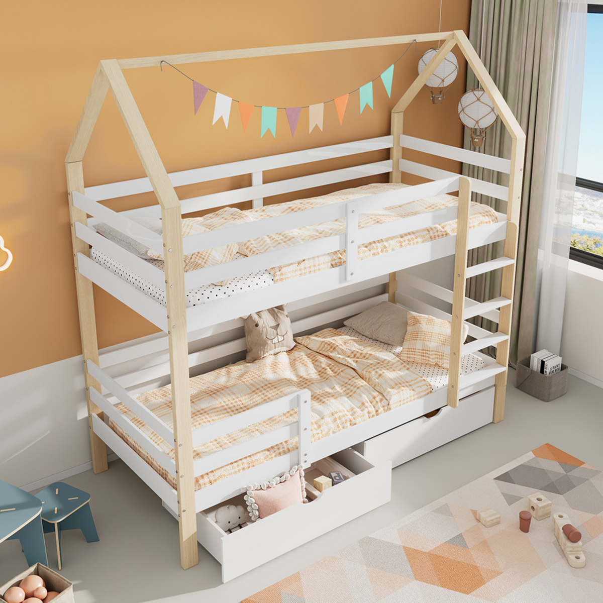 Children's House Bed 90x200cm with Large Drawers Pine Wood white+wood color