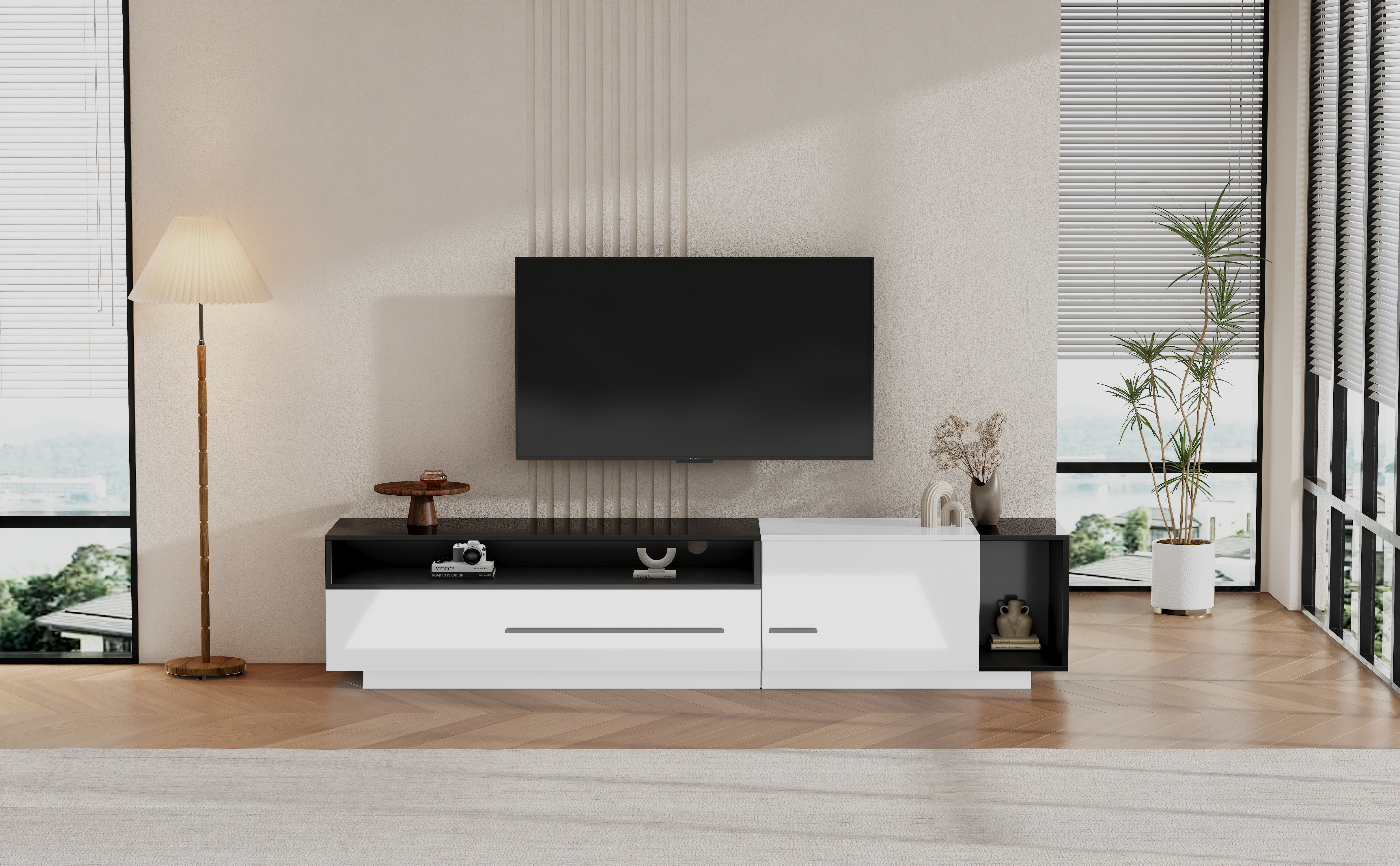 High-Gloss TV Cabinet, 170cm Lowboard for 70-inch TVs with Drawer & Door