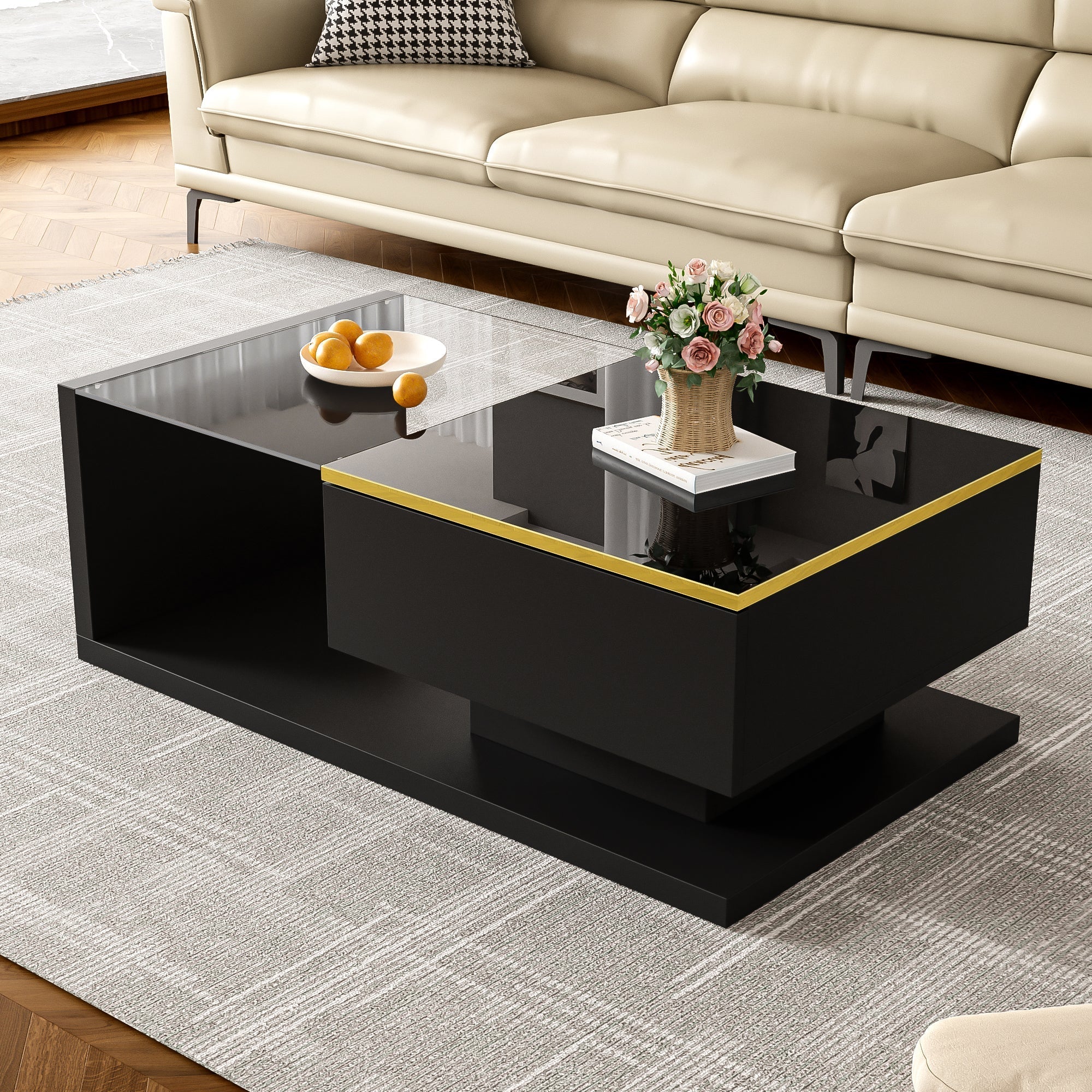 Coffee Table 90cm Long, High-Gloss Black with Glass & LED