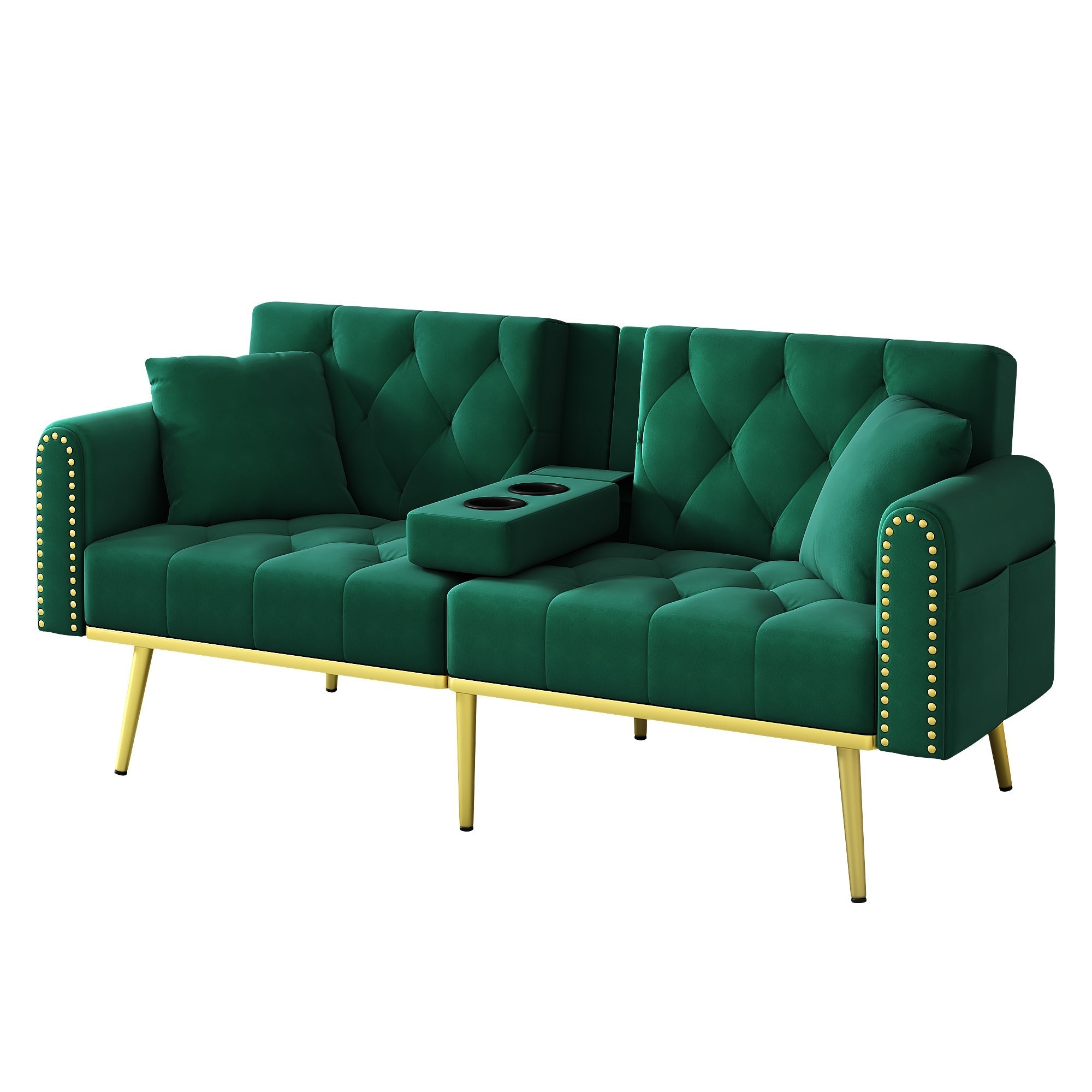 Double Fold-out Sofa Bed Reclining 3-Angle Cup Holders - Fabric Green