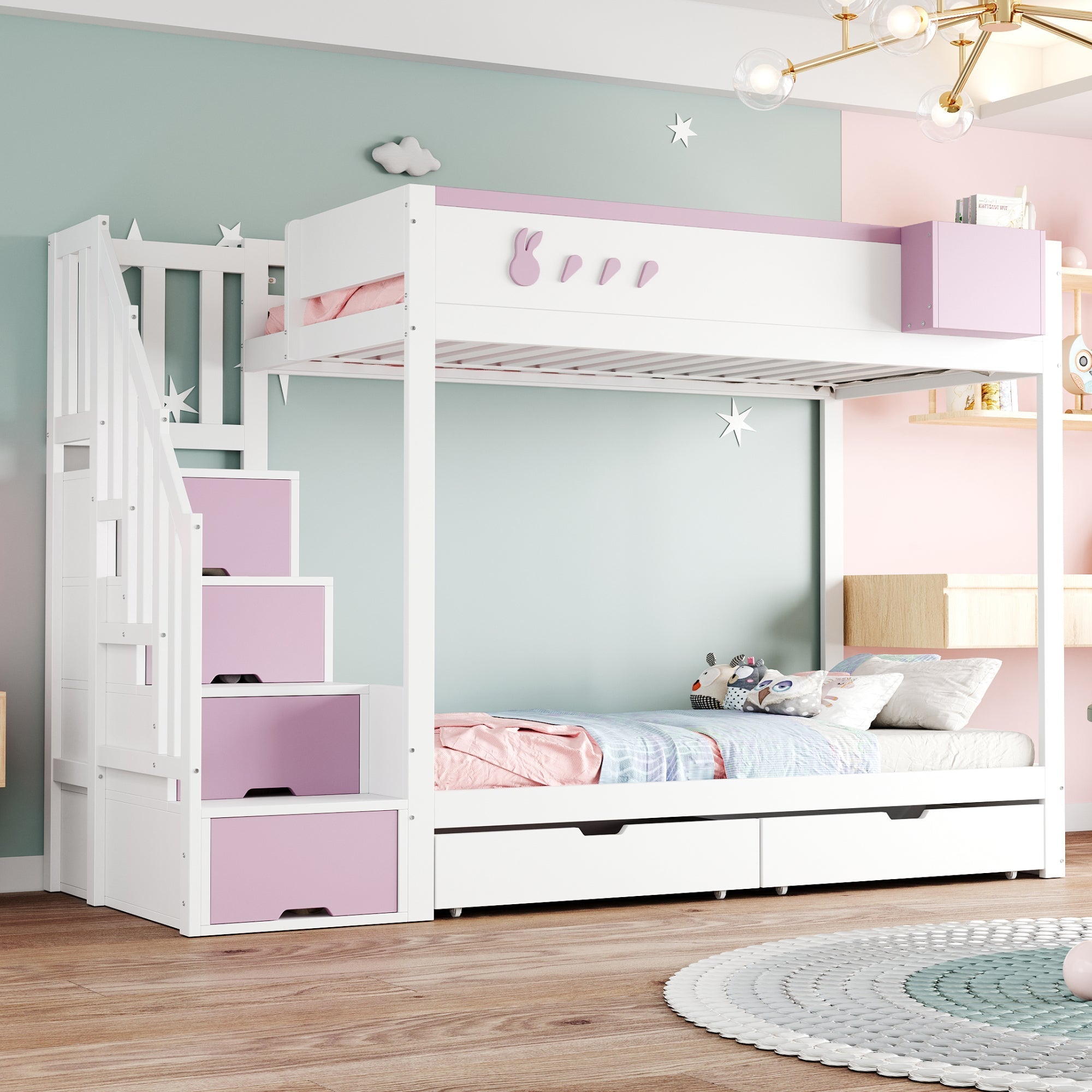 Children's Bunk Bed 90x200cm Rabbit & Carrot Motif Storage Ladder Drawers, White & Pink